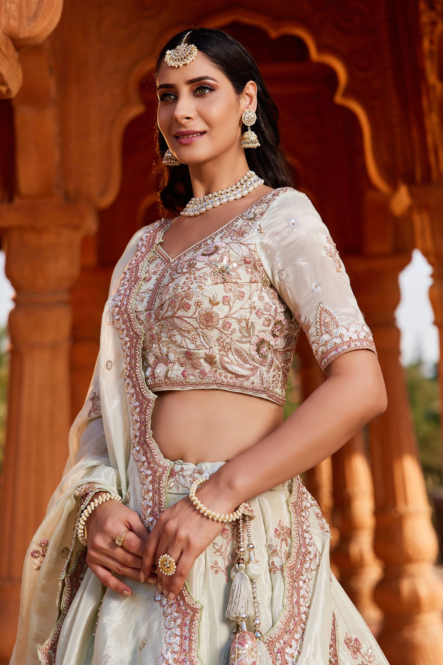 Lime green Tissue Sequins embroidery Lehenga choli & Dupatta