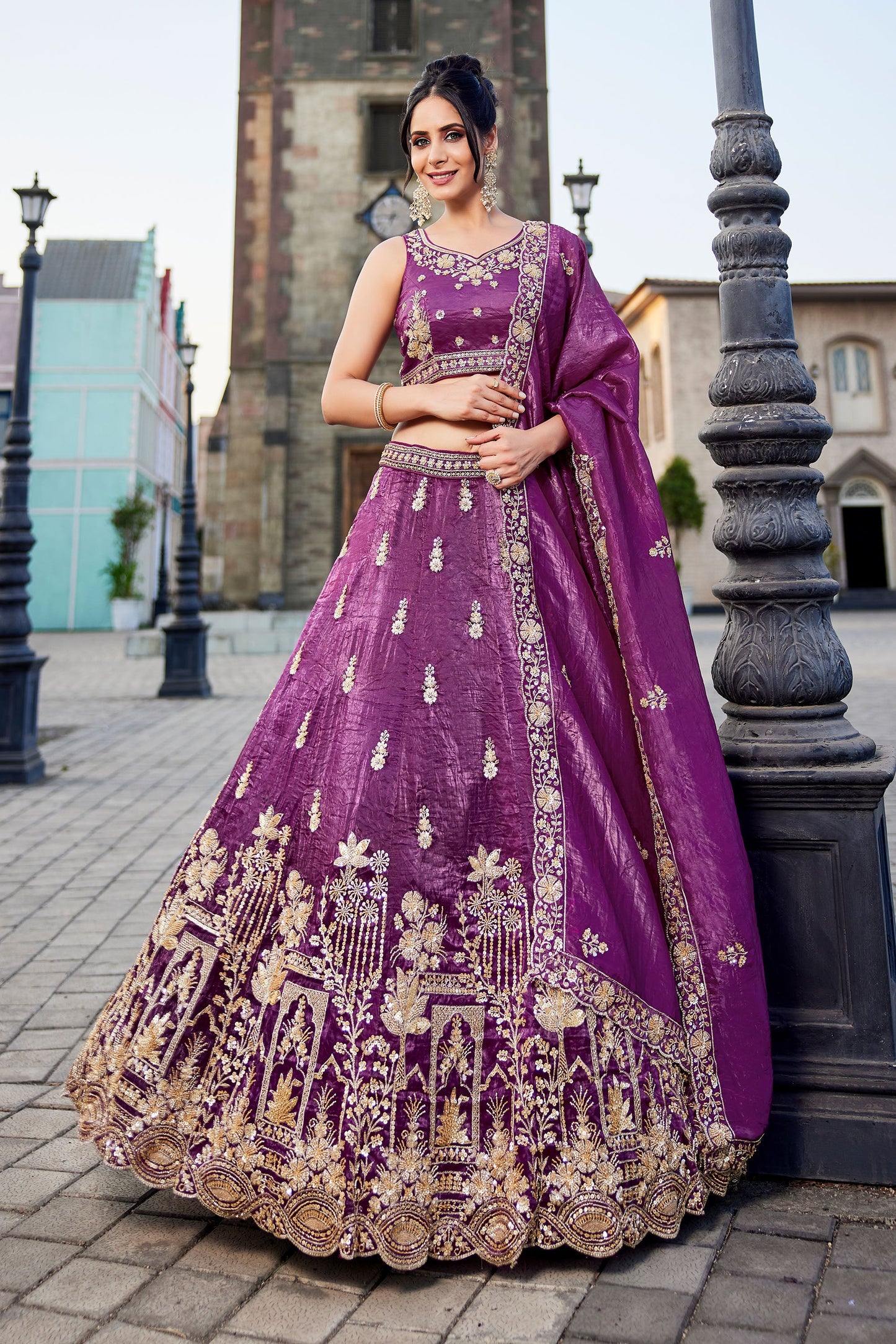 Burgundy Tissue Handwork cutdana embroidery Lehenga choli & Dupatta