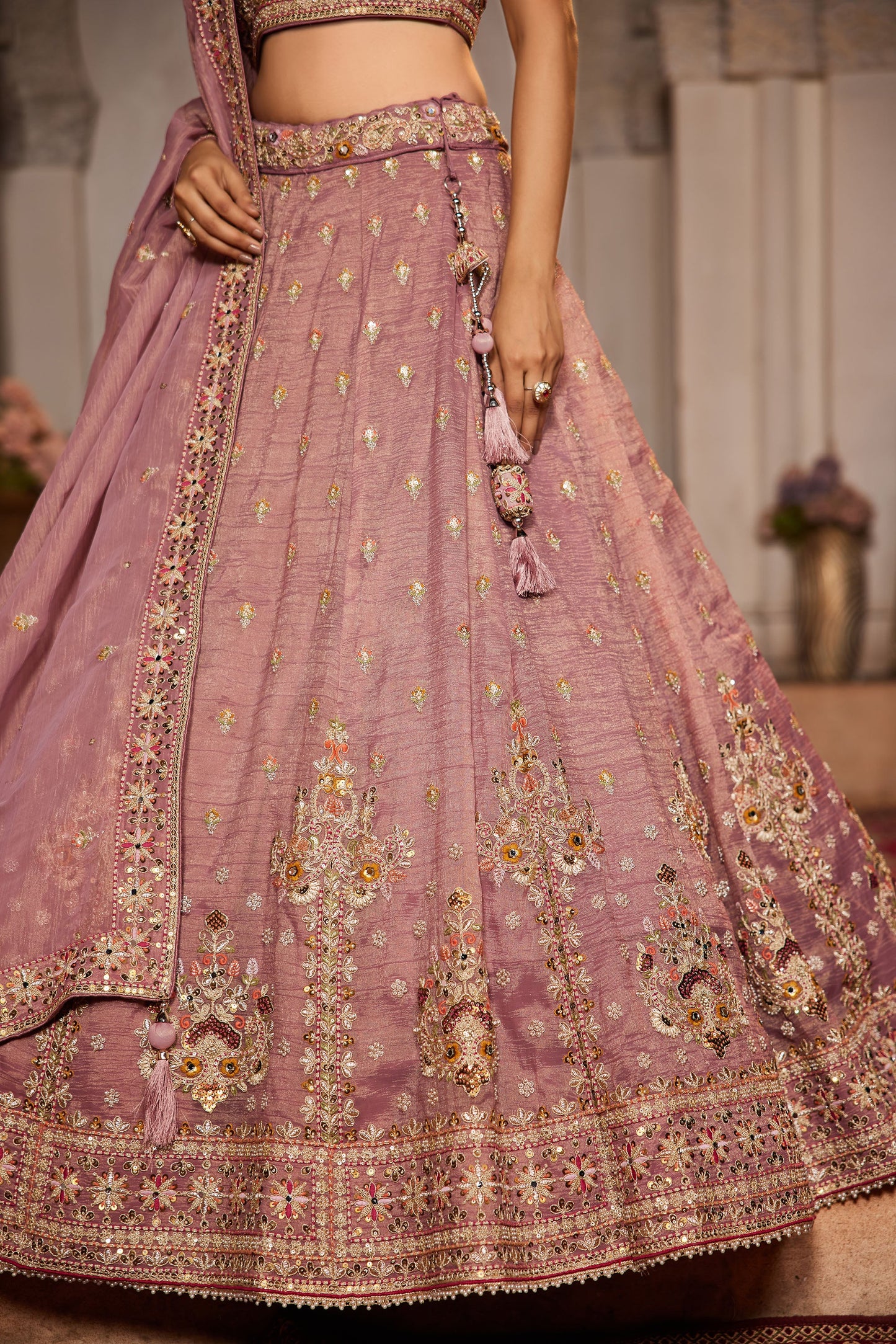 Pink colour Tissue Sequins embroidery Lehenga choli & Dupatta