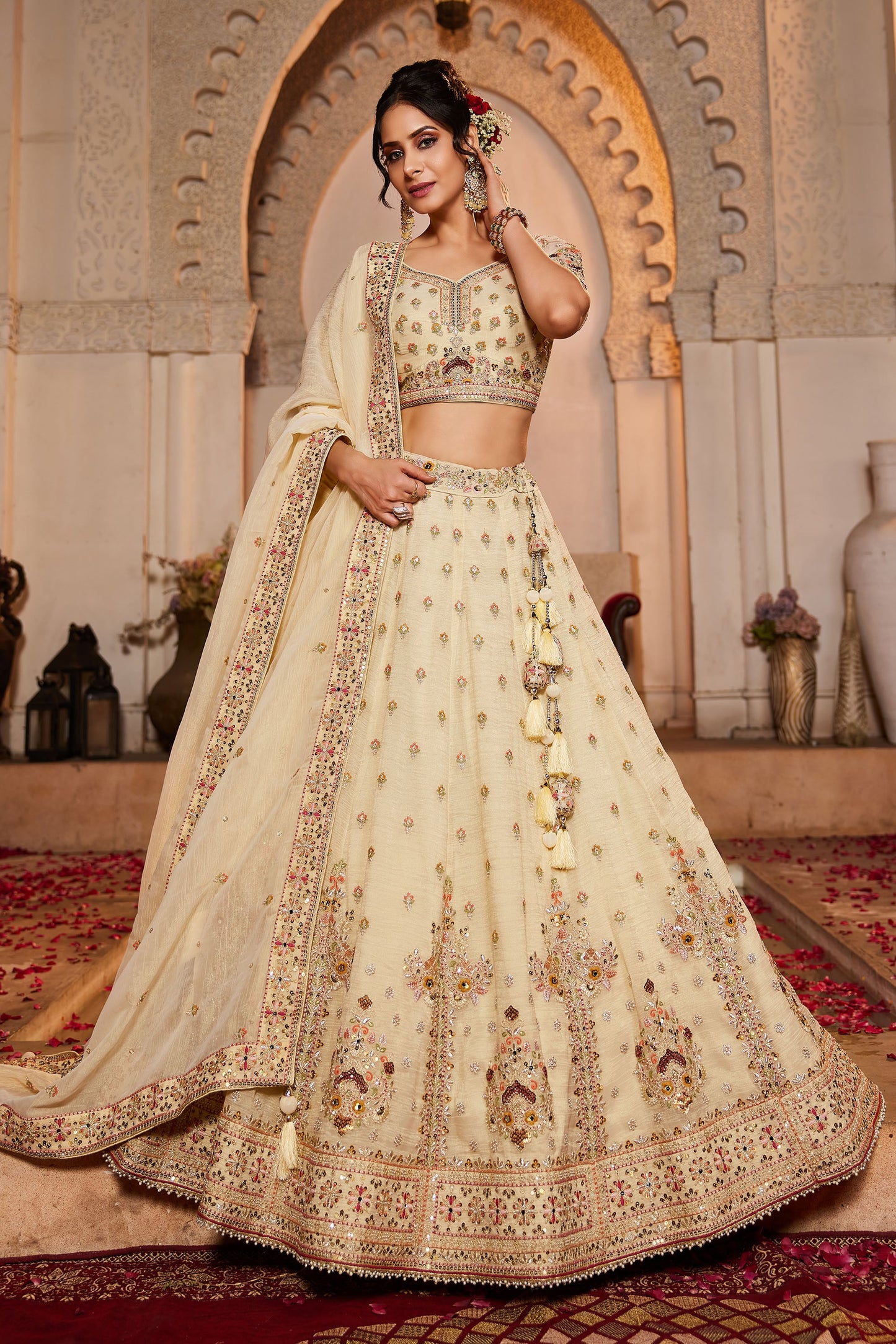 Cream colour Tissue Sequins embroidery Lehenga choli & Dupatta