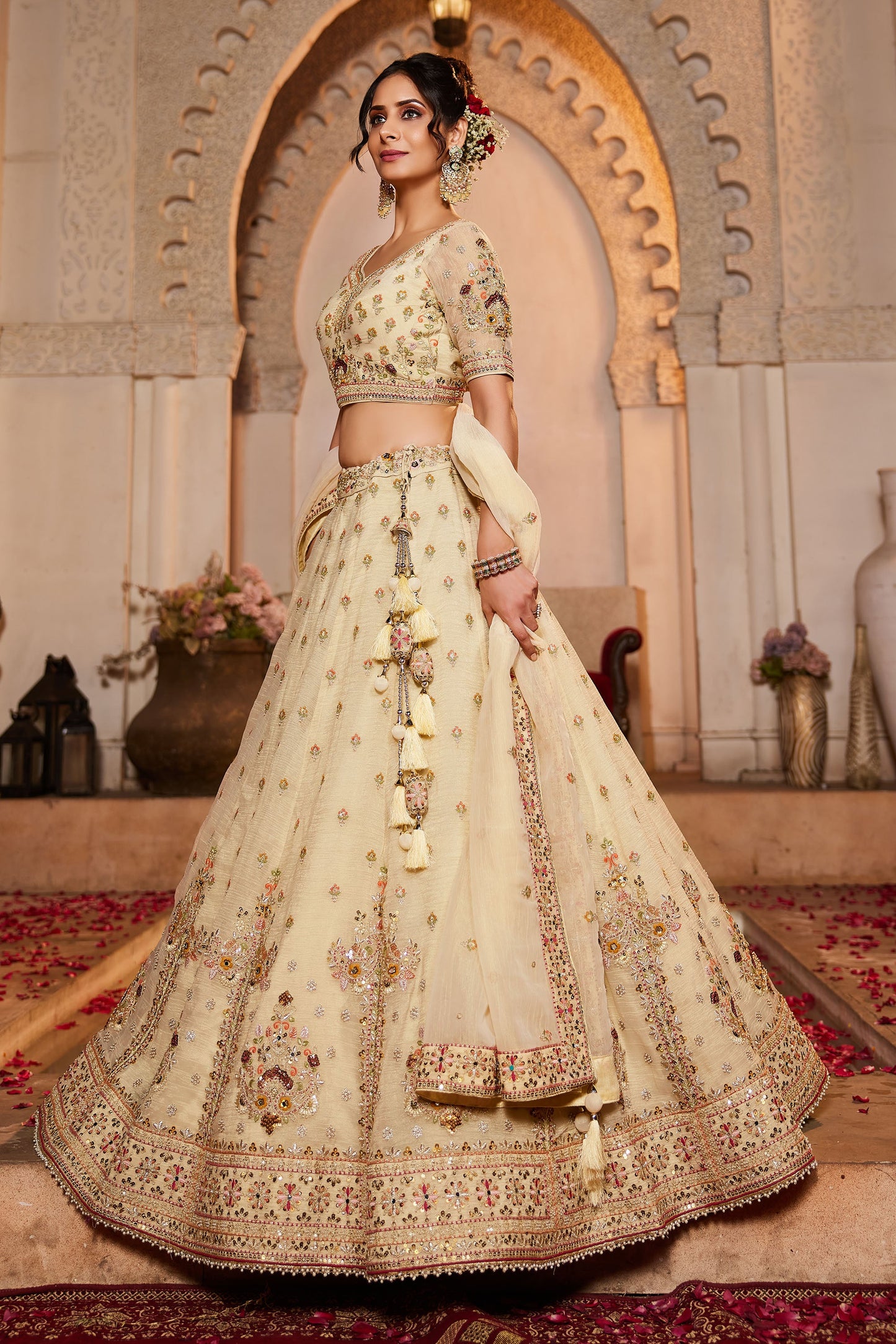 Cream colour Tissue Sequins embroidery Lehenga choli & Dupatta