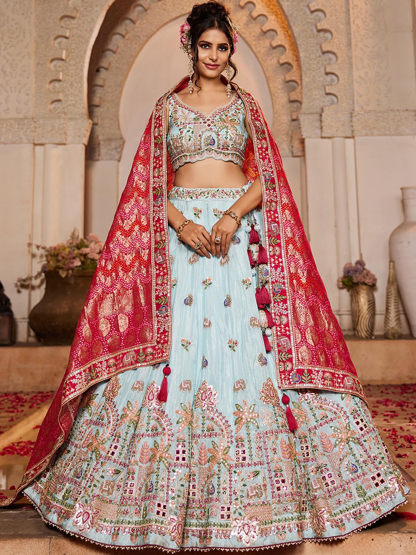 pink Tissue Mirror embroidery Lehenga choli & Dupatta