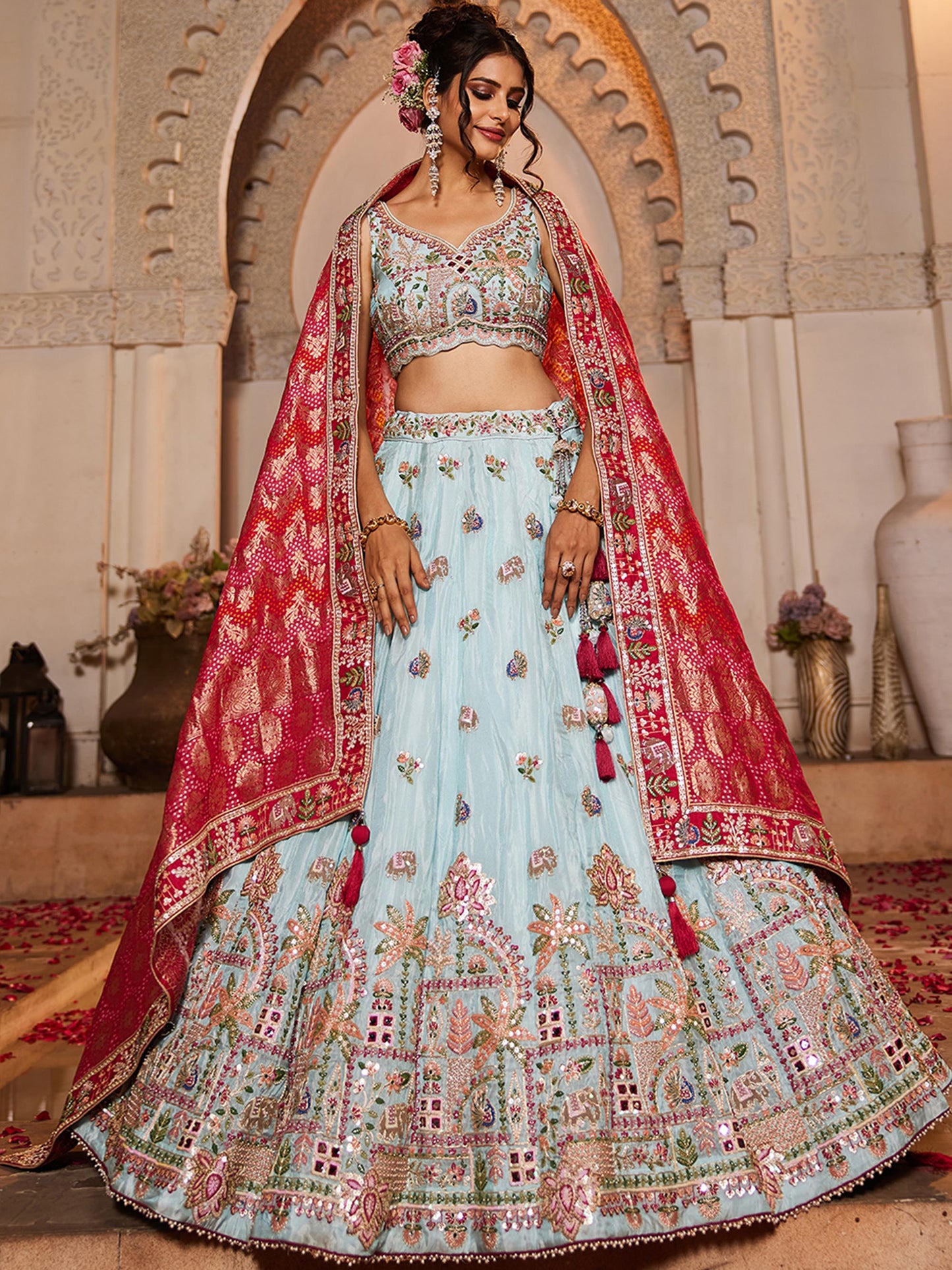 pink Tissue Mirror embroidery Lehenga choli & Dupatta