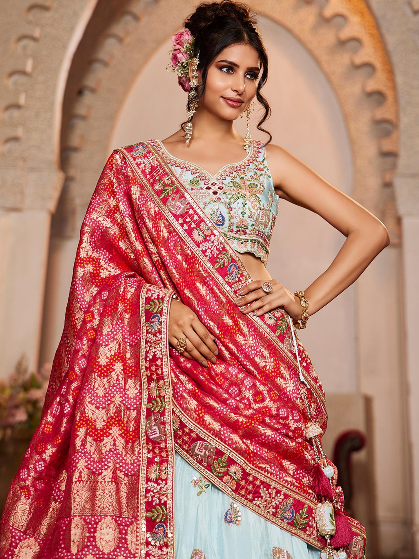 pink Tissue Mirror embroidery Lehenga choli & Dupatta