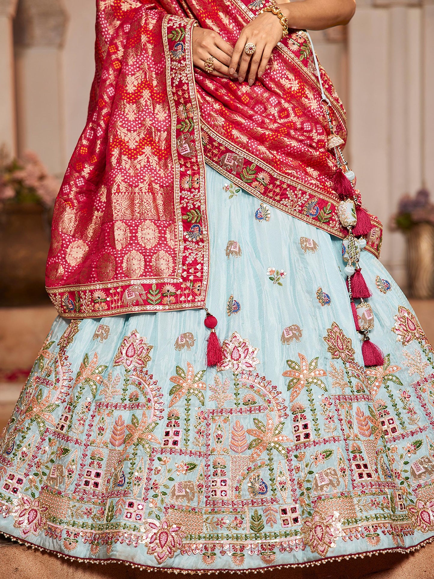 pink Tissue Mirror embroidery Lehenga choli & Dupatta