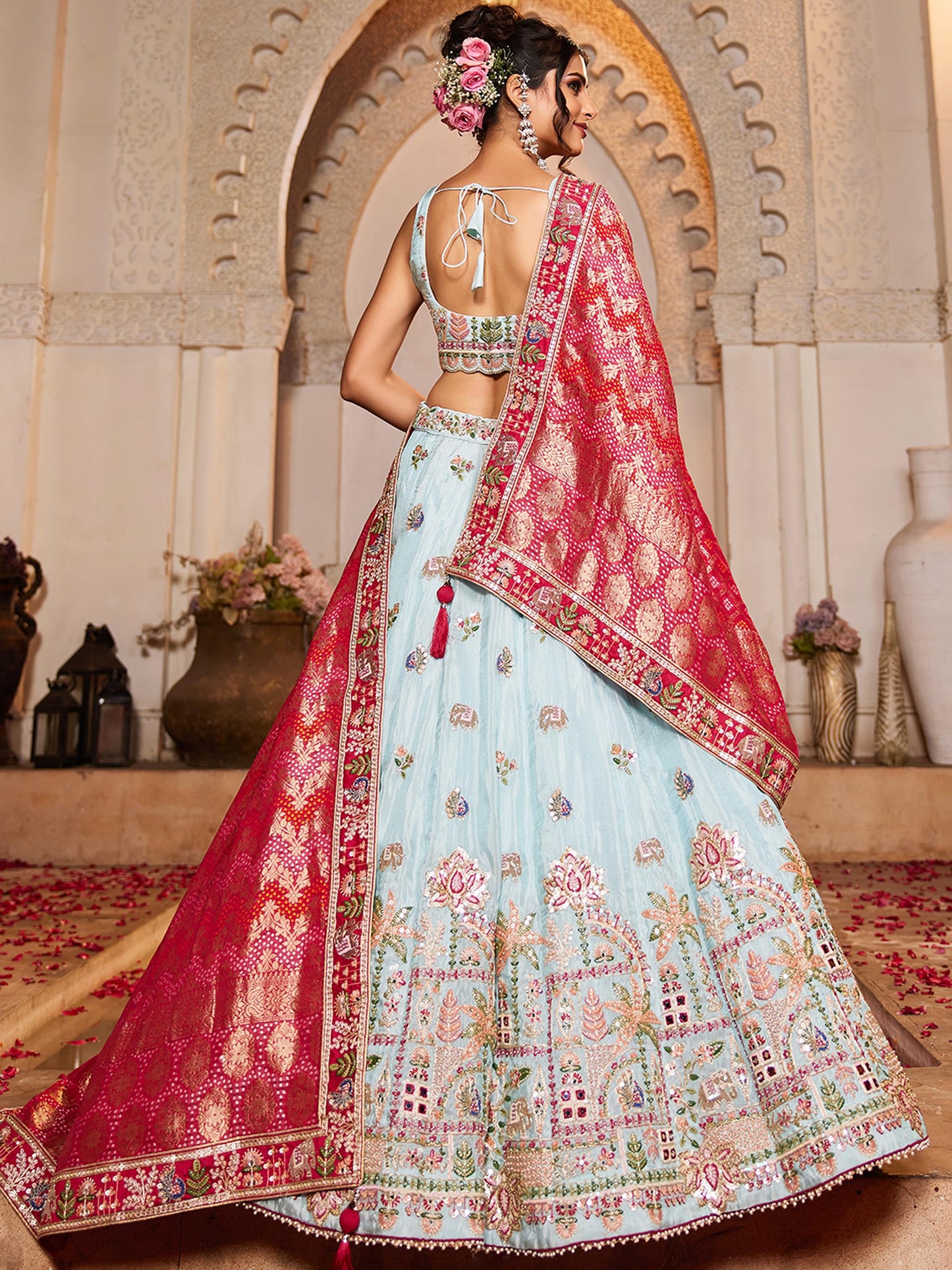 pink Tissue Mirror embroidery Lehenga choli & Dupatta