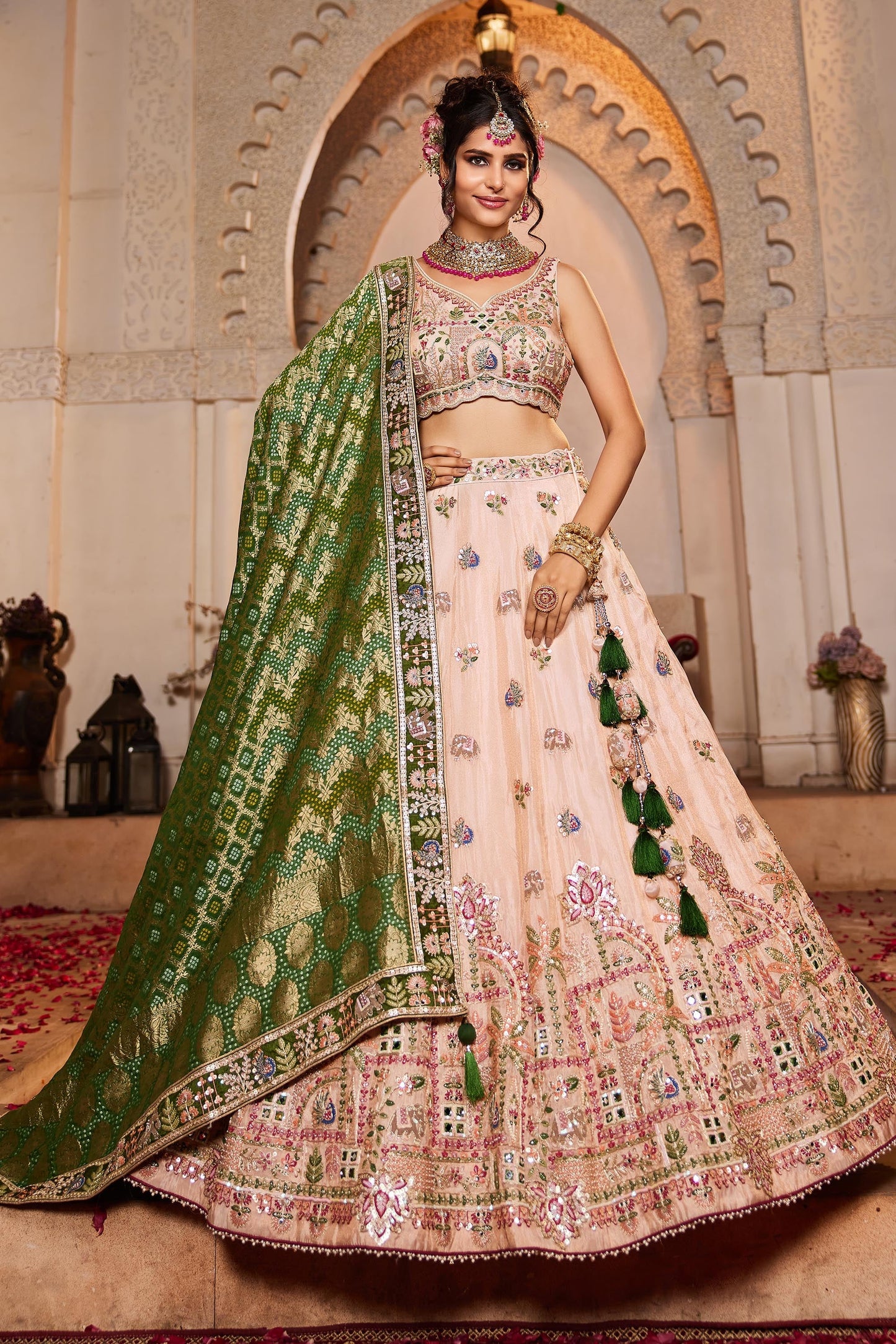 Peach tissue Mirror embroidery Lehenga choli & Dupatta