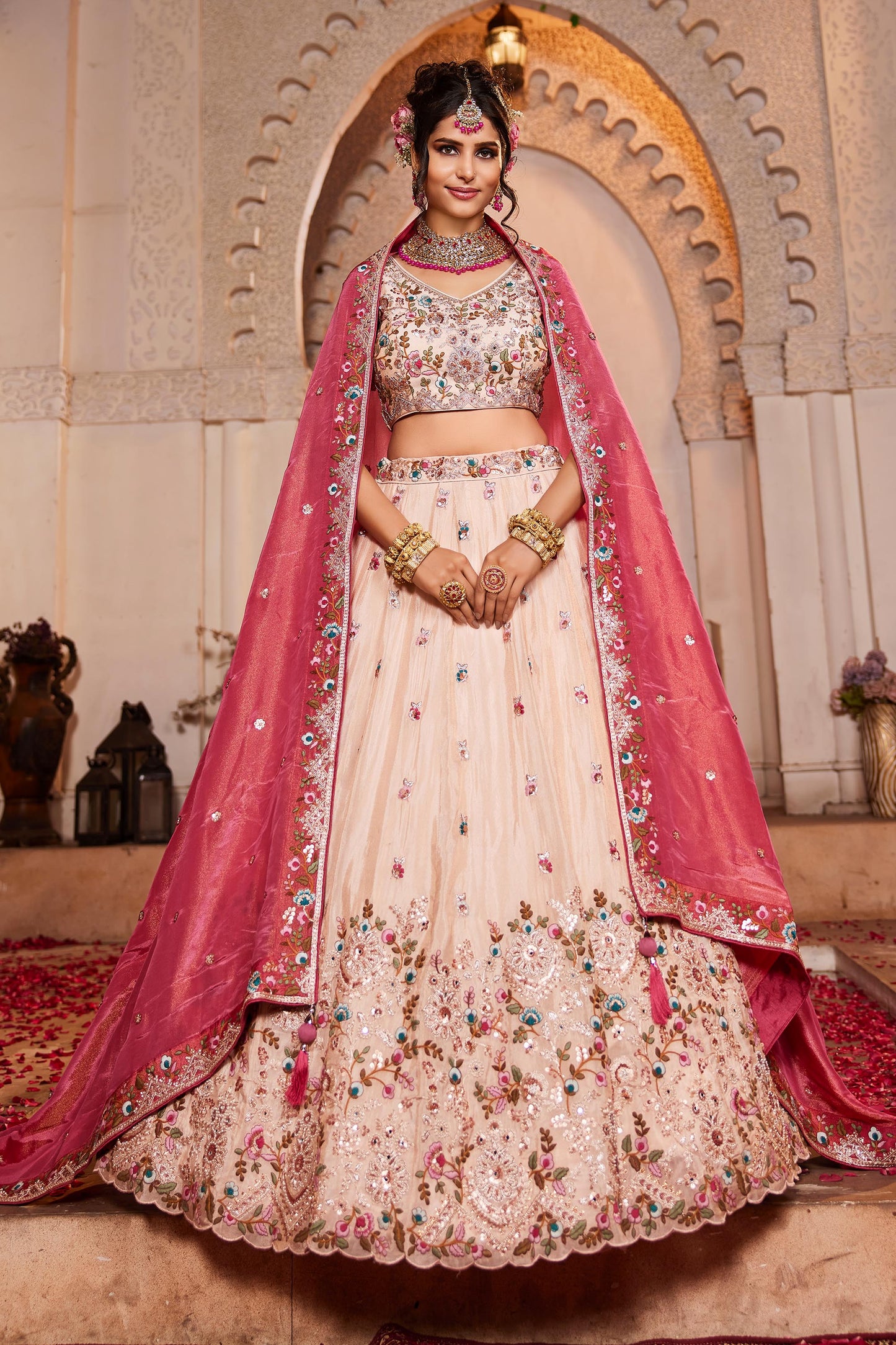 Pink Tissue Sequinse embroidery Lehenga choli & Dupatta