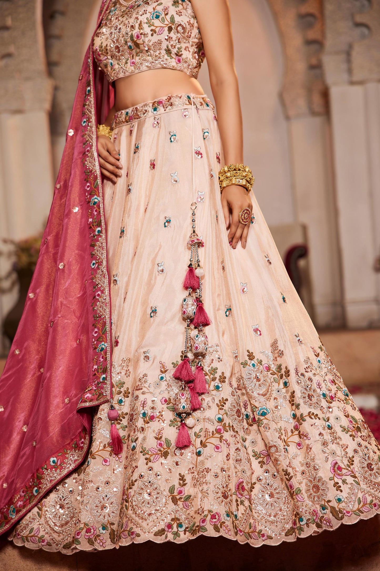 Pink Tissue Sequinse embroidery Lehenga choli & Dupatta