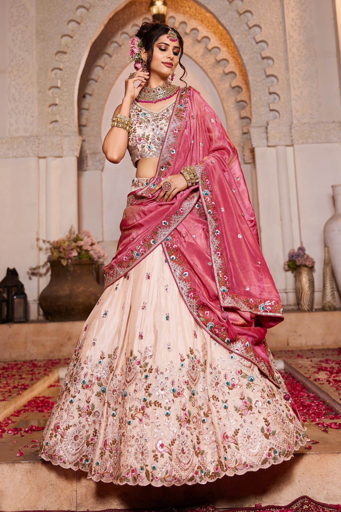 Pink Tissue Sequinse embroidery Lehenga choli & Dupatta