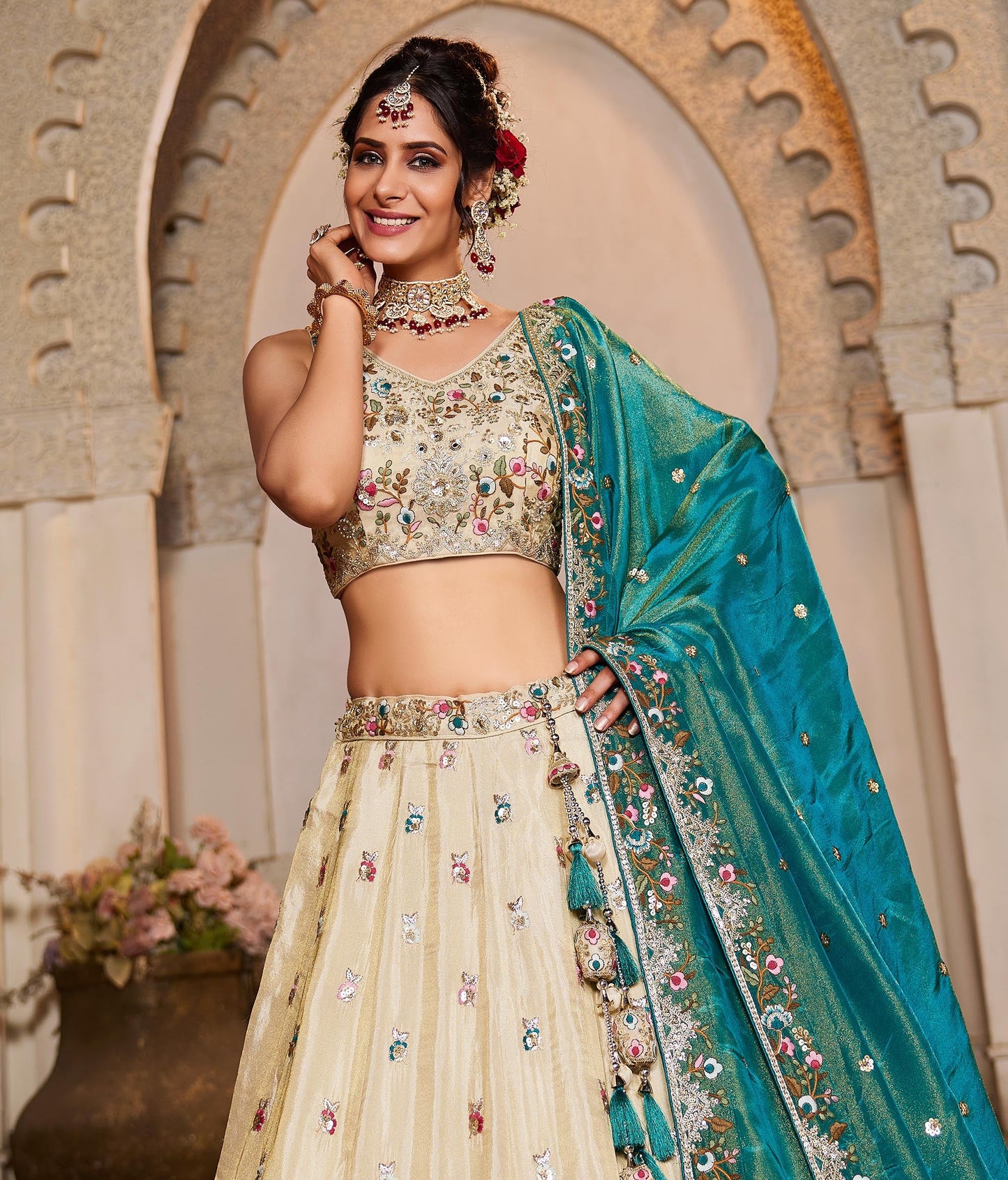 Teal Tissue Sequinse embroidery Lehenga choli & Dupatta