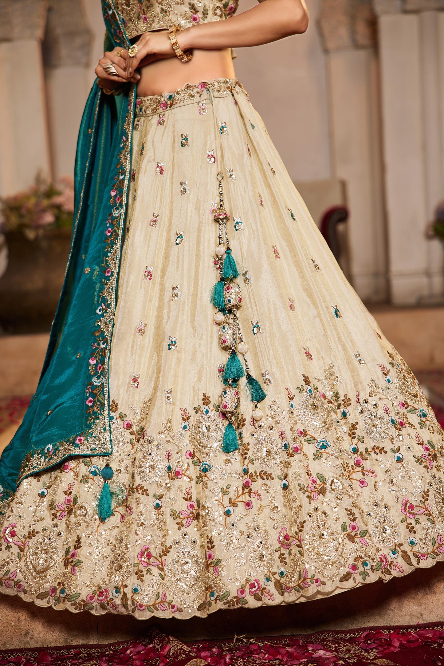 Teal Tissue Sequinse embroidery Lehenga choli & Dupatta
