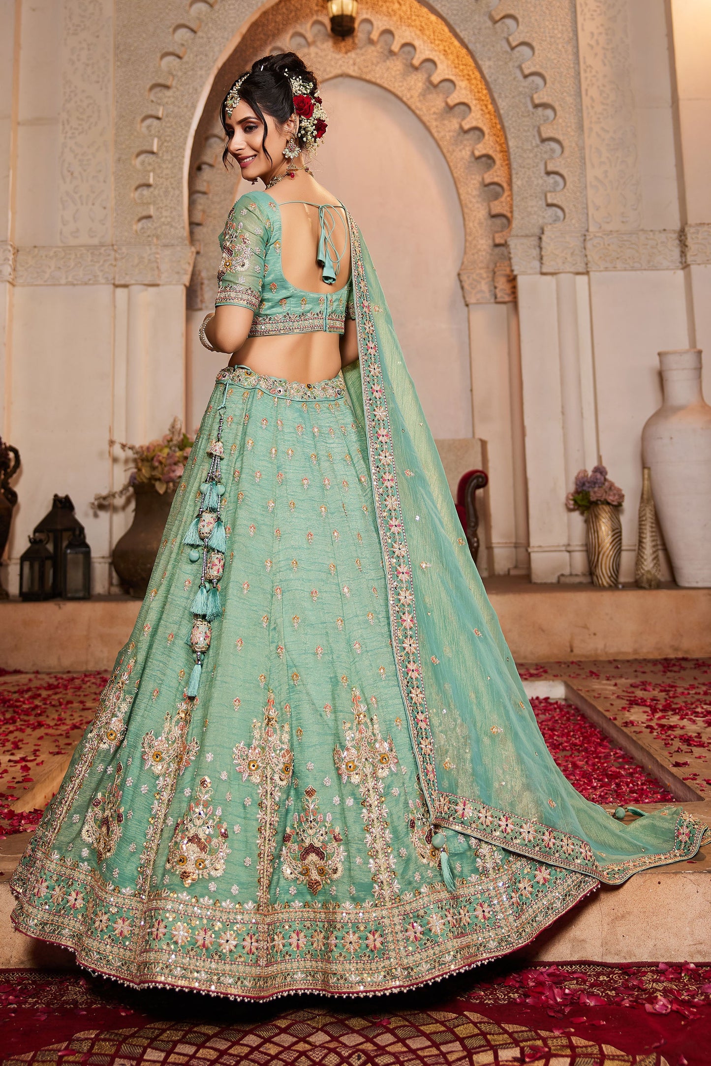 Lime green colour Tissue Sequins embroidery Lehenga choli & Dupatta