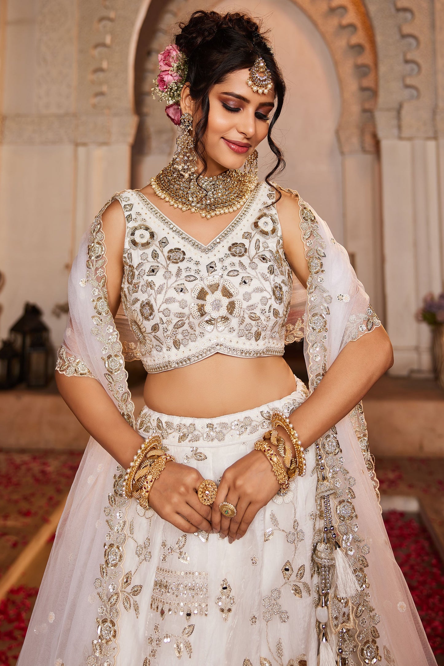 Off White Tissue Fabric Sequins embroidery Lehenga choli & Dupatta