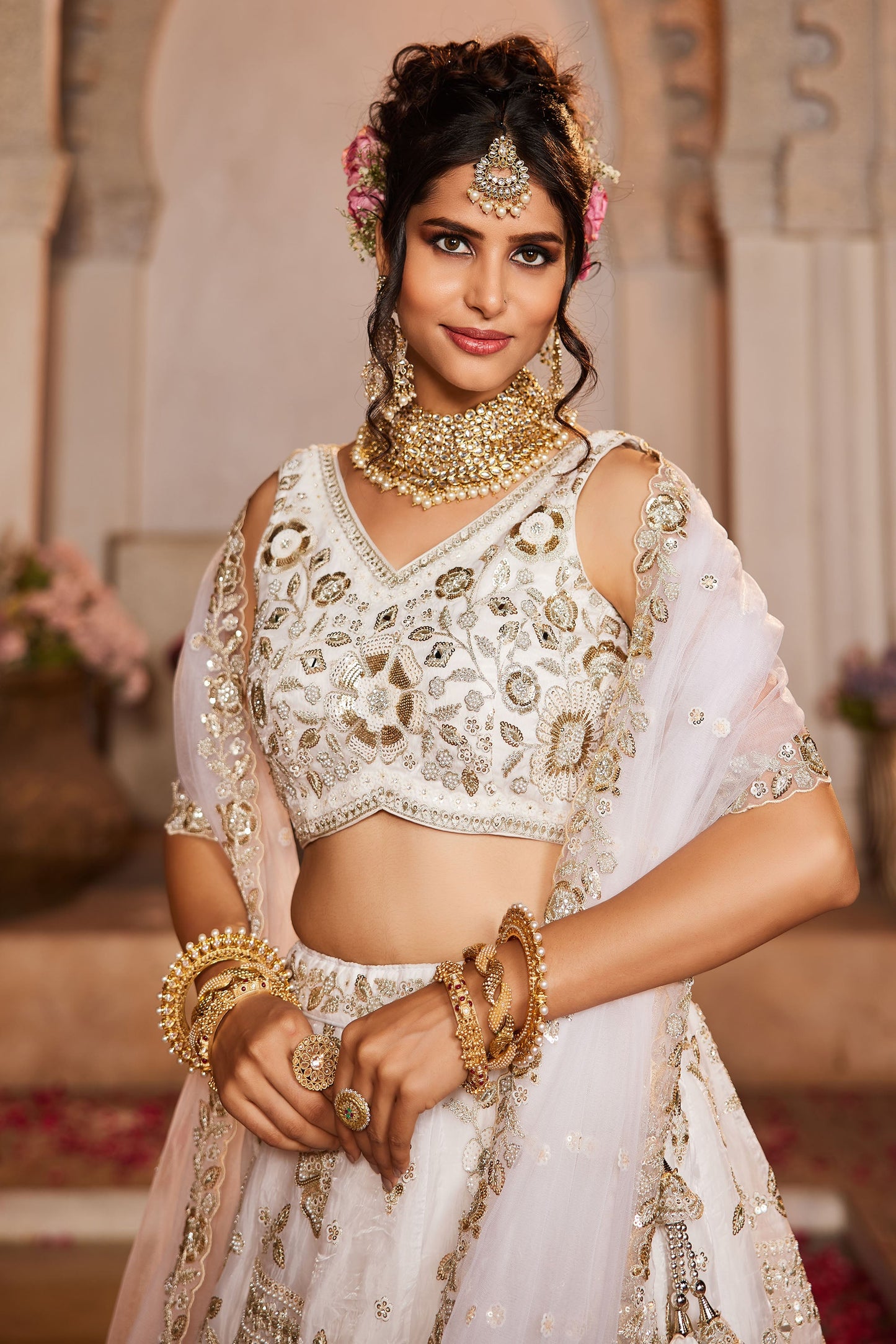 Off White Tissue Fabric Sequins embroidery Lehenga choli & Dupatta