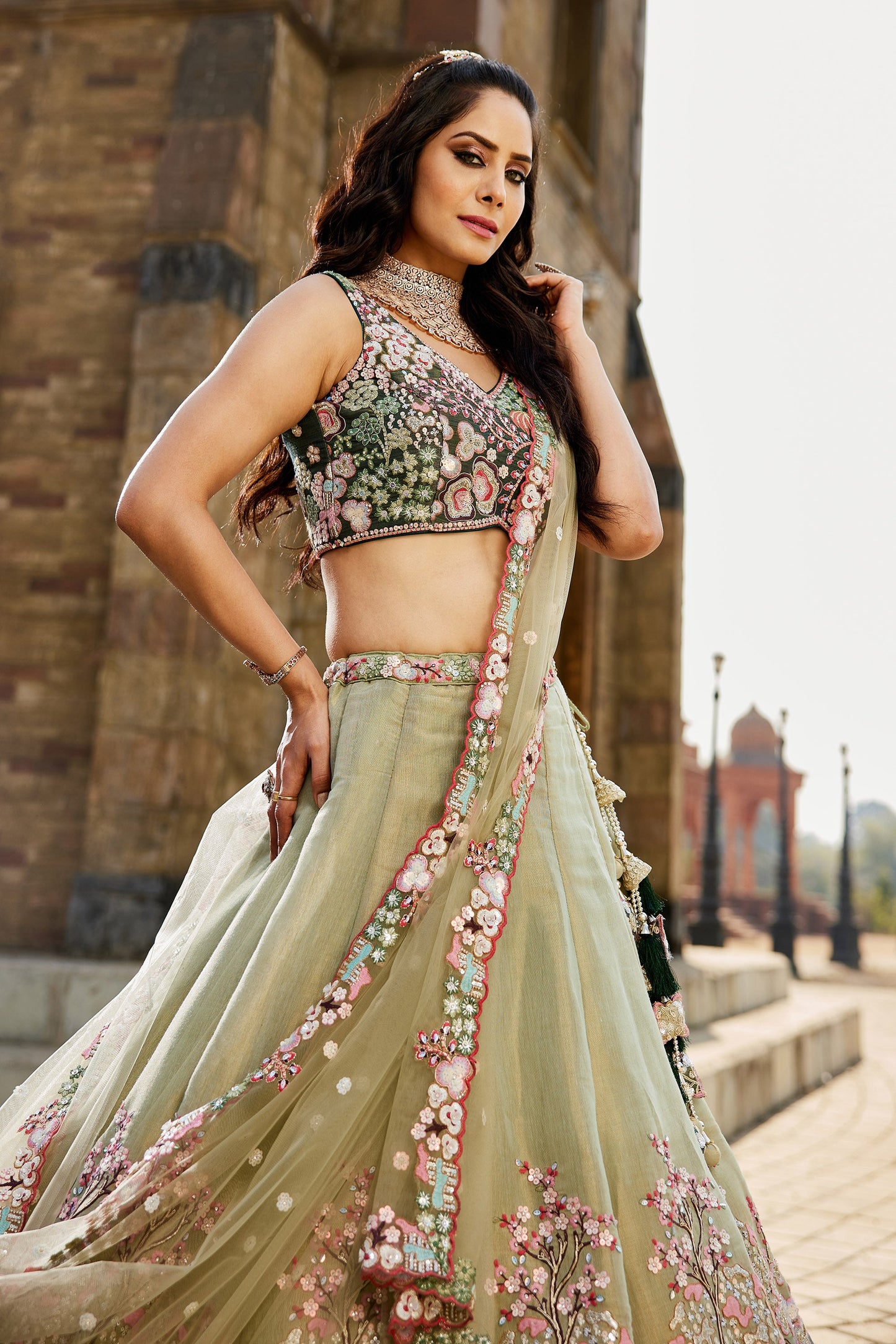 Green Net Sequins embroidery Lehenga choli & Dupatta