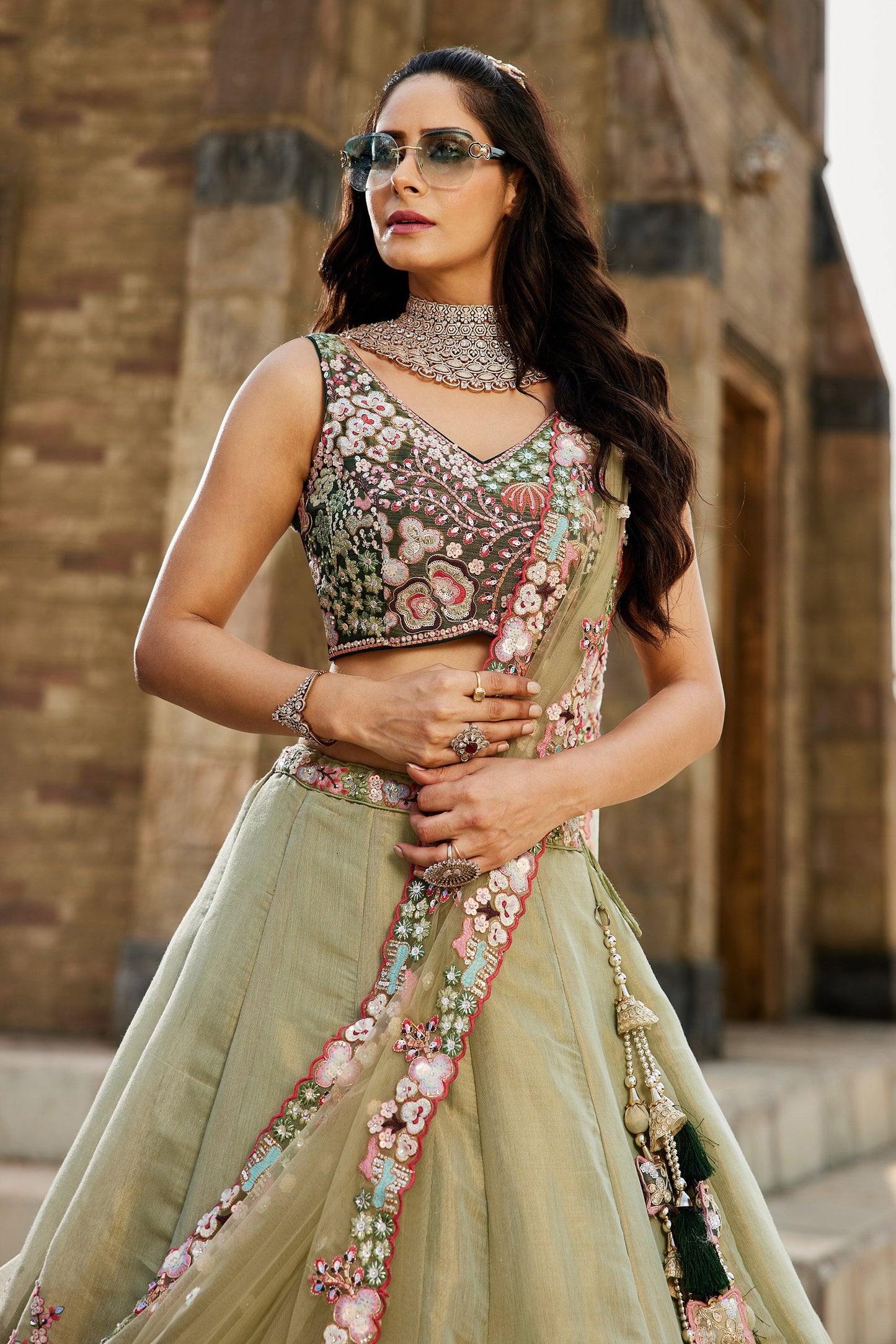 Green Net Sequins embroidery Lehenga choli & Dupatta