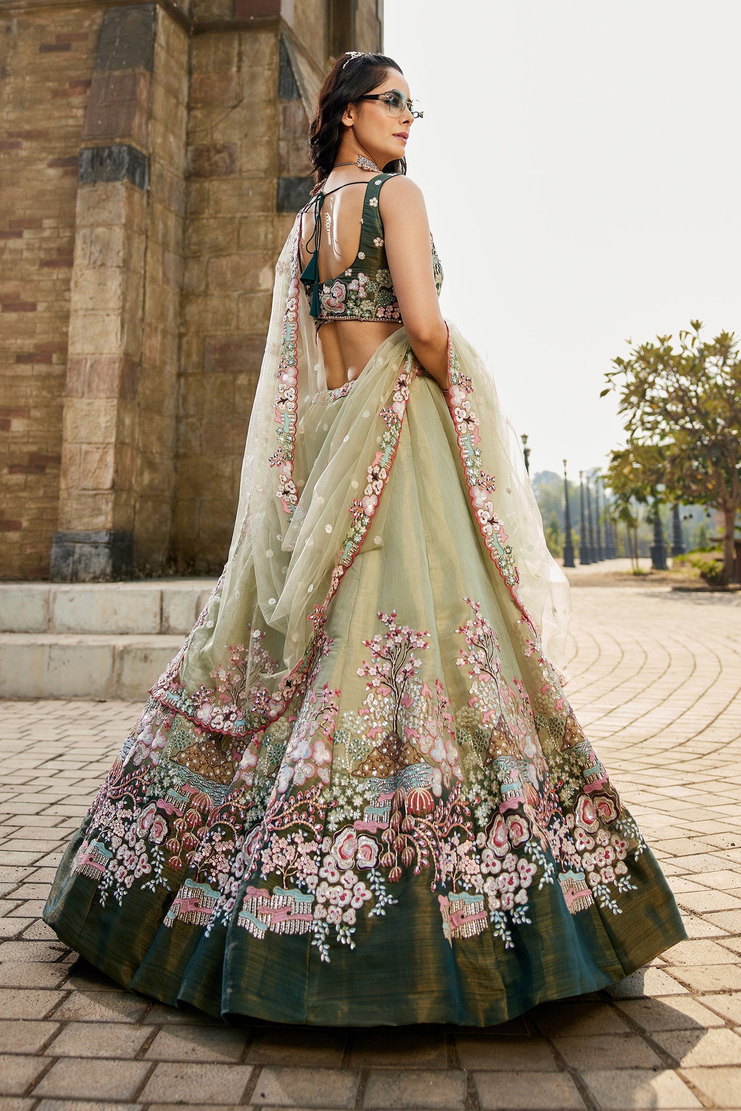 Green Net Sequins embroidery Lehenga choli & Dupatta