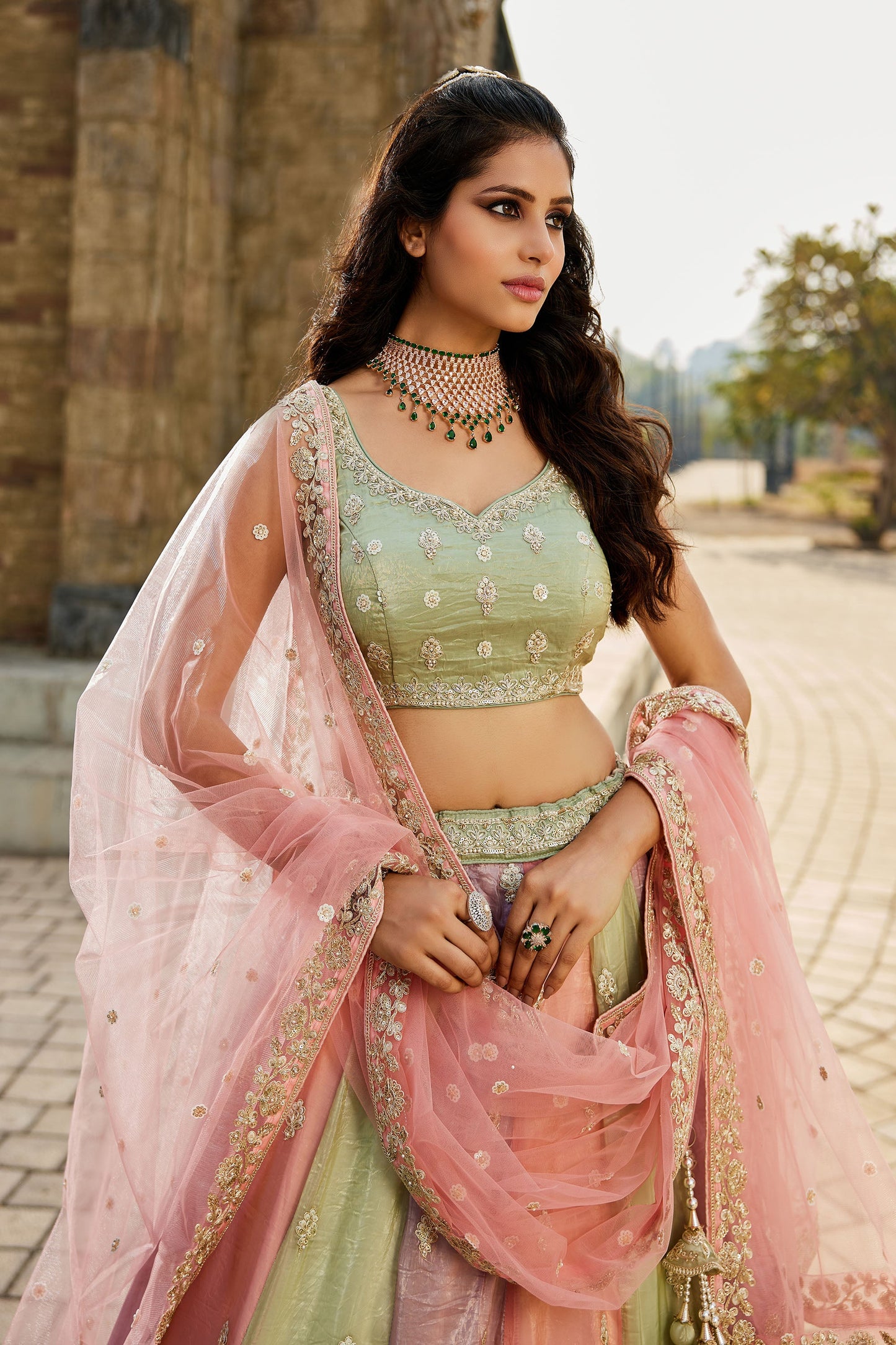 Multi colour Tissue Sequins embroidery Lehenga choli & Dupatta