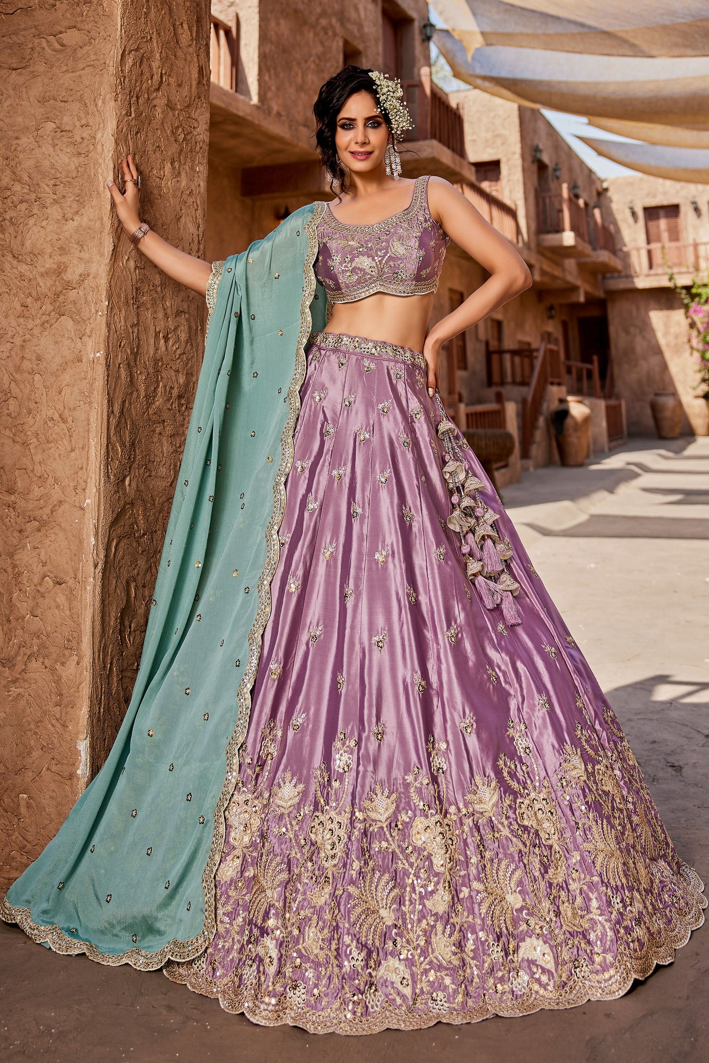 Lavender Satin Silk Sequins embroidery Lehenga choli & Dupatta