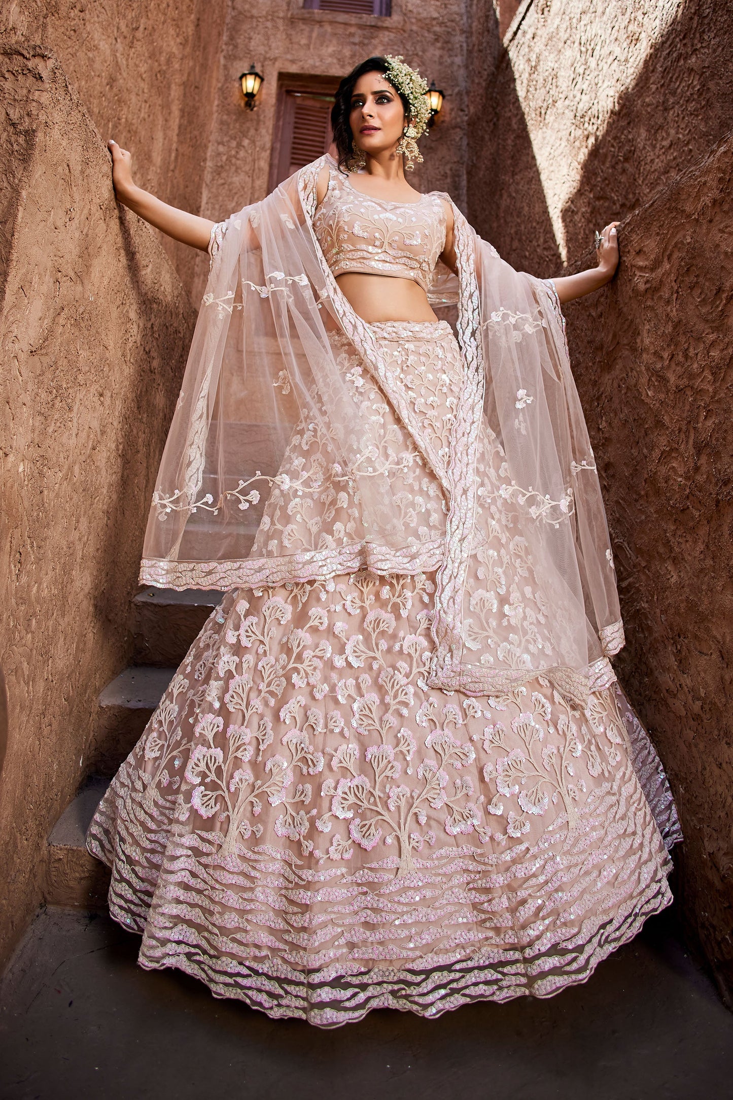 Nude Net Sequins embroidery Lehenga choli & Dupatta