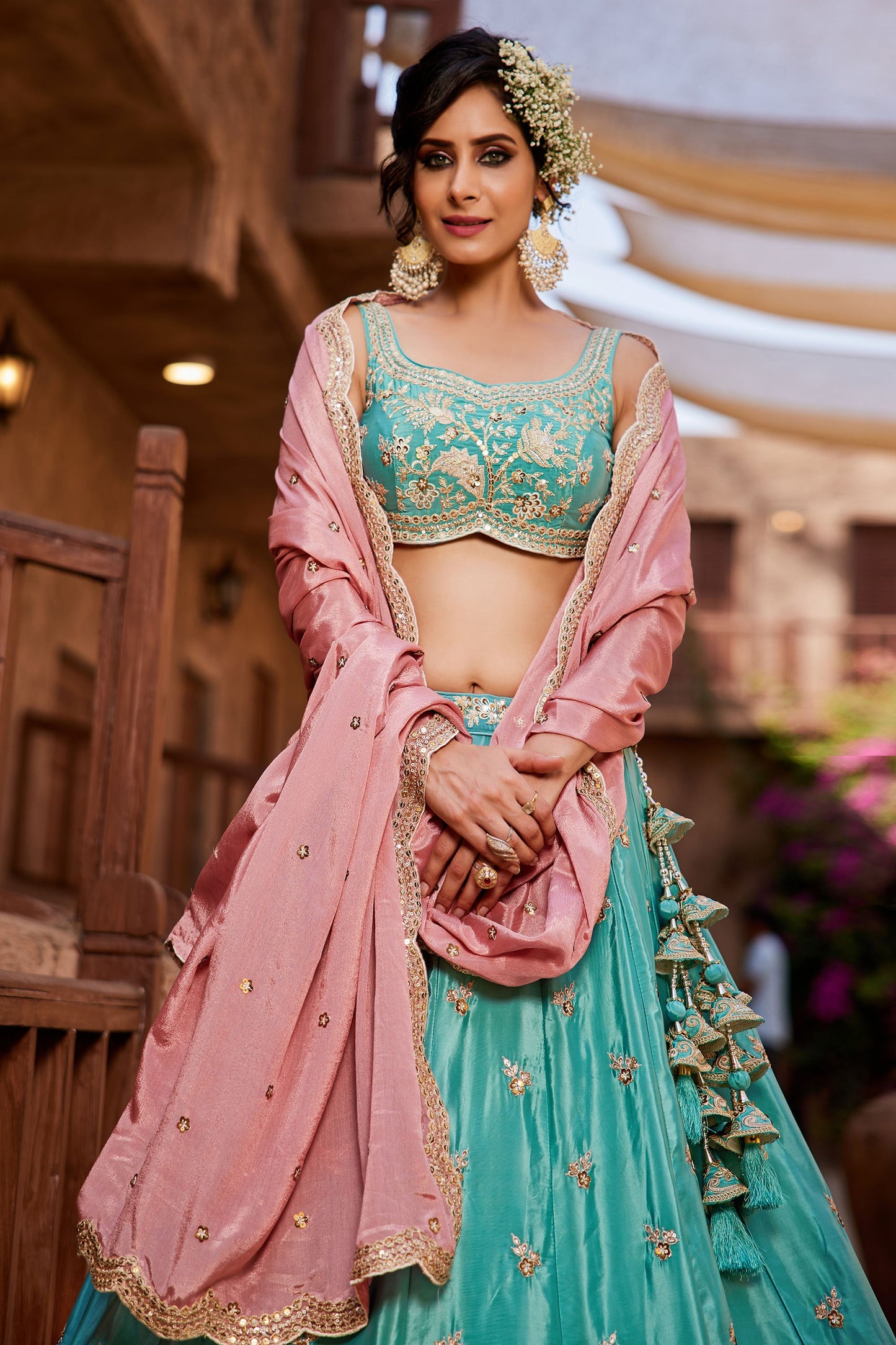 Turquoise blue Satin Silk Sequins embroidery Lehenga choli & Dupatta