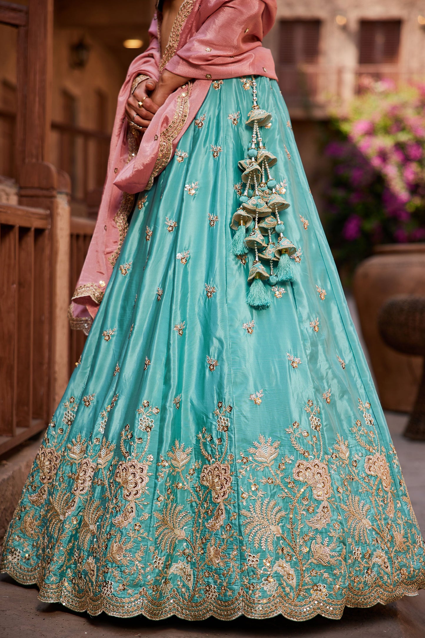 Turquoise blue Satin Silk Sequins embroidery Lehenga choli & Dupatta