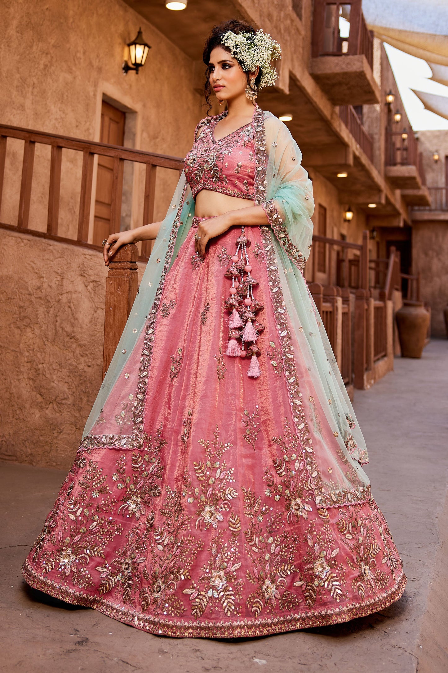 Pink Tissue Sequins embroidery Lehenga choli & Dupatta