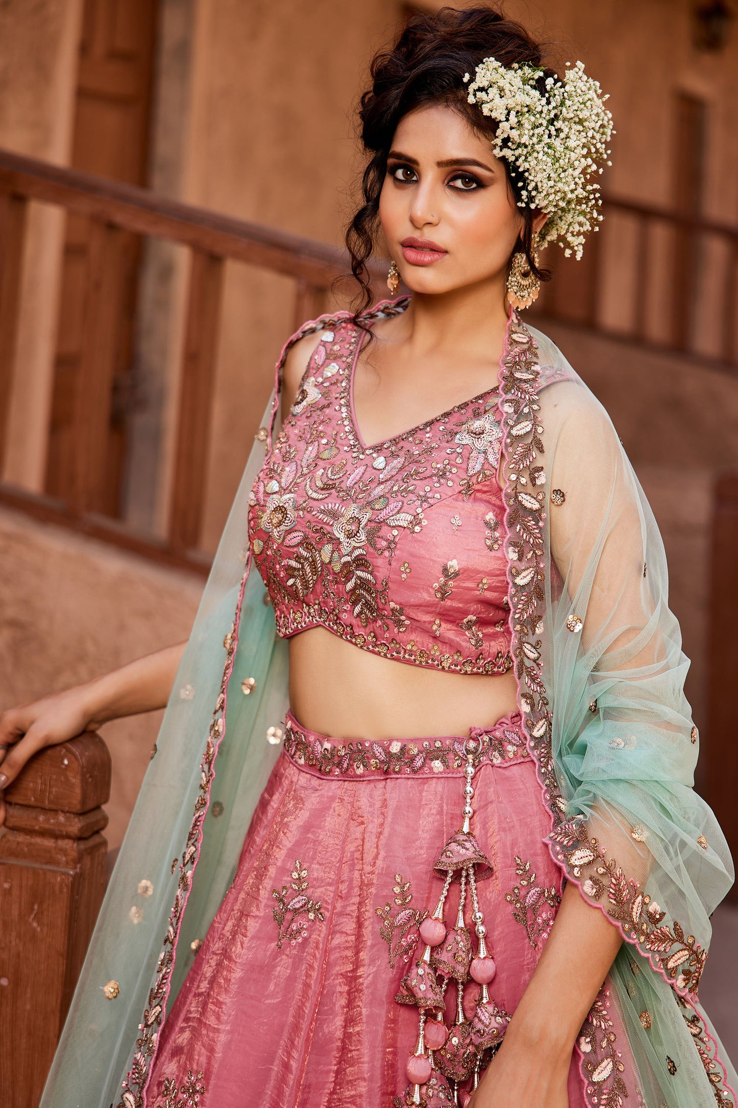 Pink Tissue Sequins embroidery Lehenga choli & Dupatta