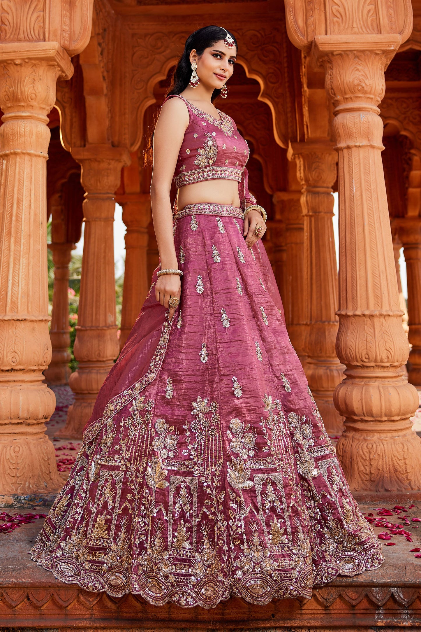 Pink Tissue Handwork cutdana embroidery Lehenga choli & Dupatta