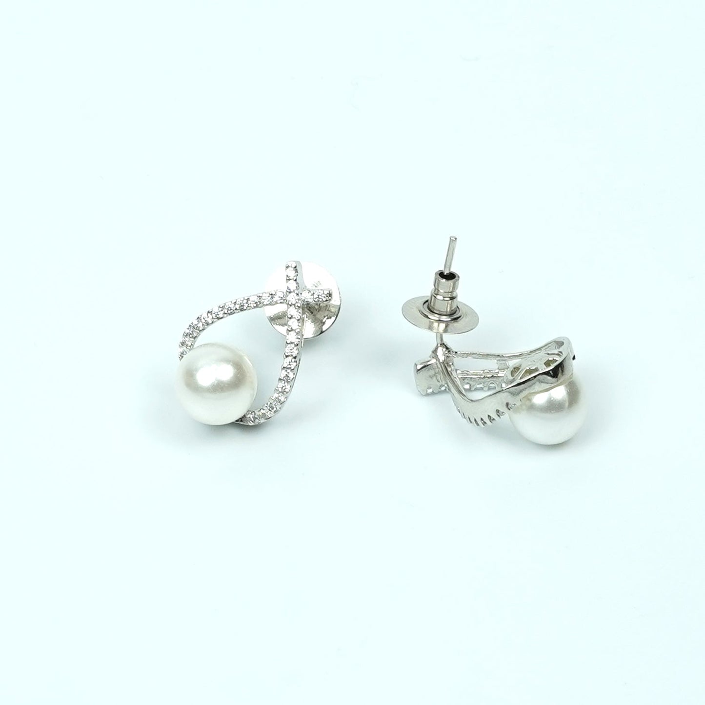 Zevar Club Rhodium-Plated Handcrafted Cubic Zirconia & White Pearl Loop Stud Earrings