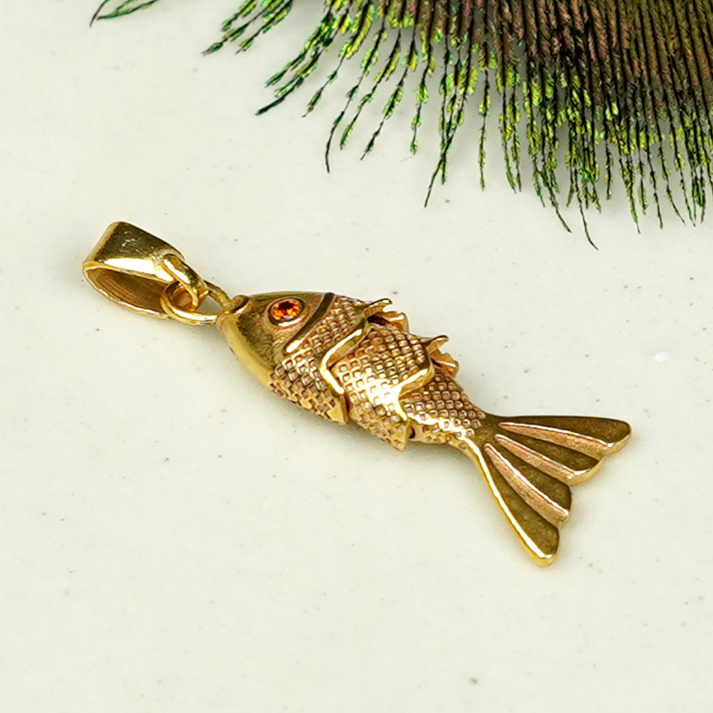 Zevar Club 18K Gold Plated Handcrafted Fish Design Pendant with Movable Tail & Green Enamel Detail for Women