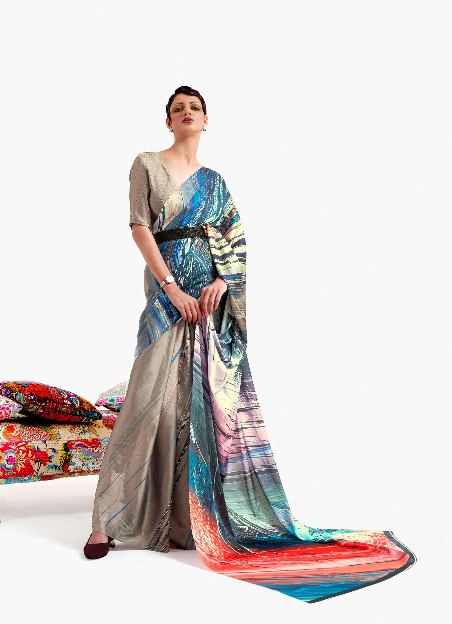 Beige Kazo Digital Soft Crepe Printed Saree