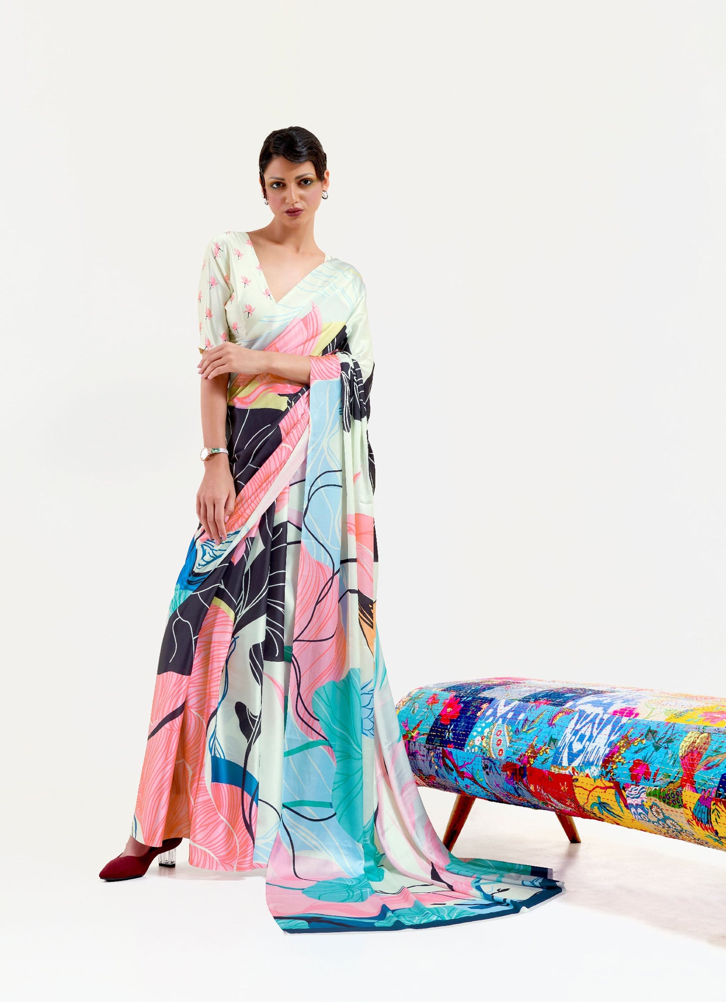 Cream Pink Kazo Digital Soft Crepe Printed Saree