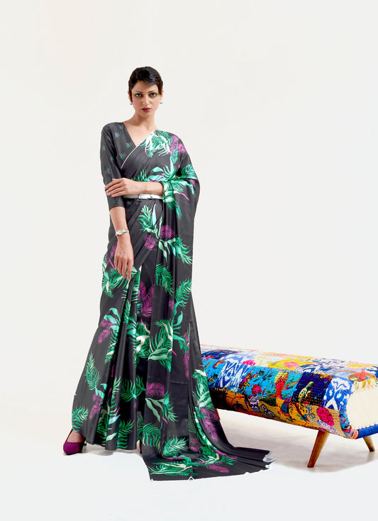 Black and Green Kazo Digital Soft Crepe Printed Saree