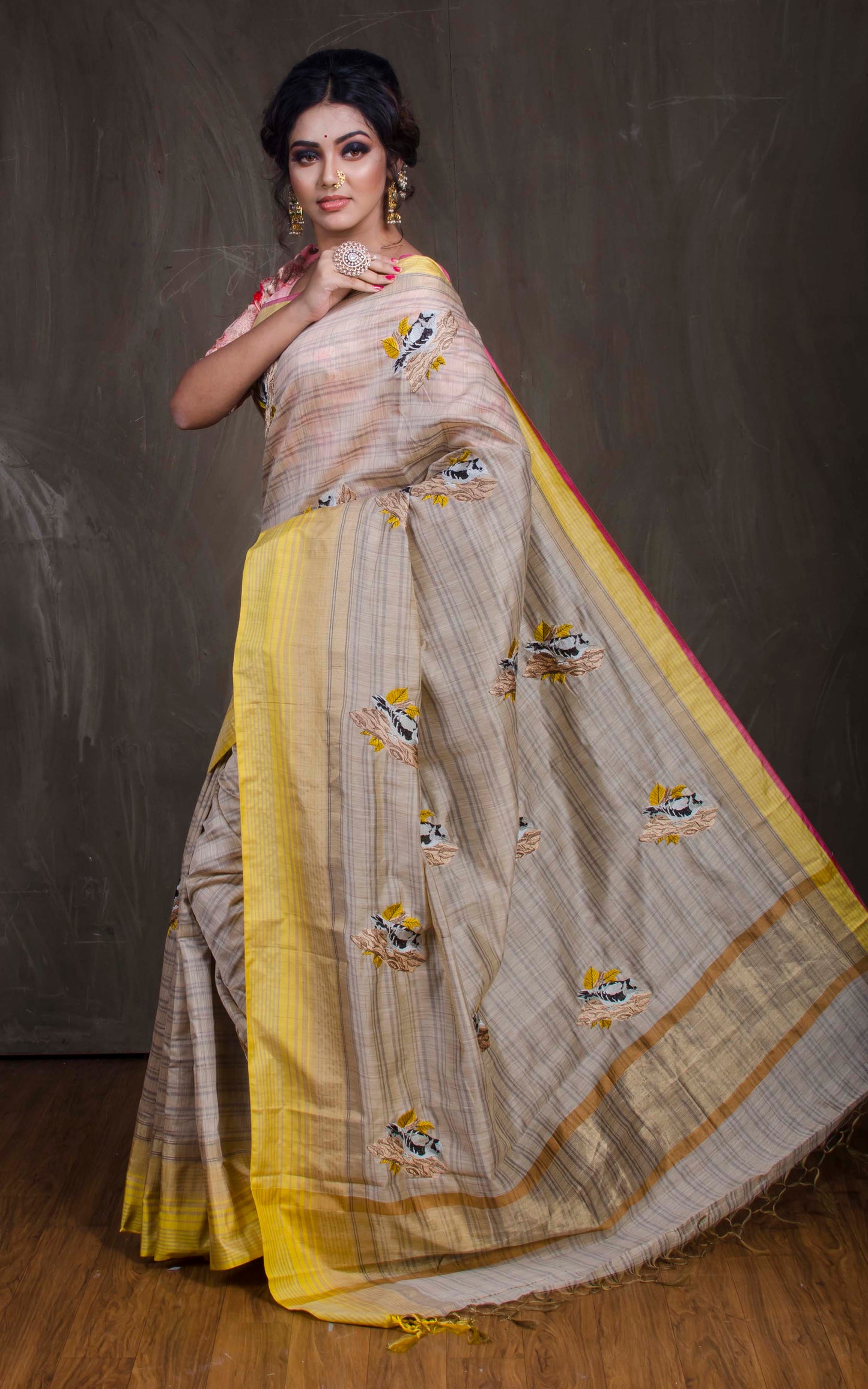 Embroidery Work Semi Tussar Saree in Beige and Yellow