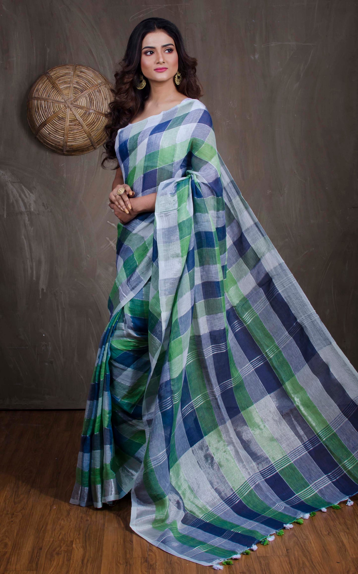 Linen Checks Saree in Off White, Green and Blue