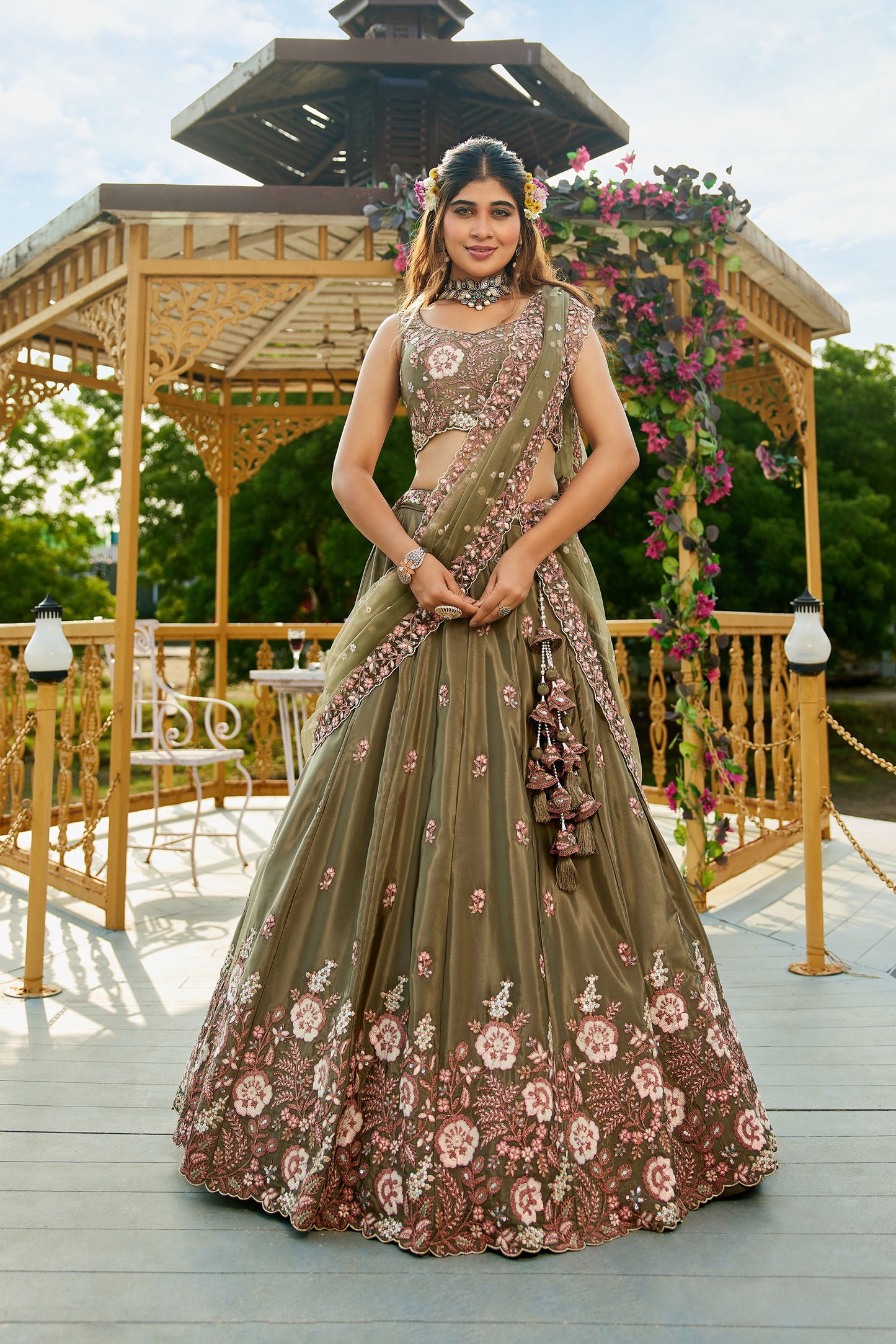 Olive colour Satin Sequins embroidery Lehenga choli & Dupatta