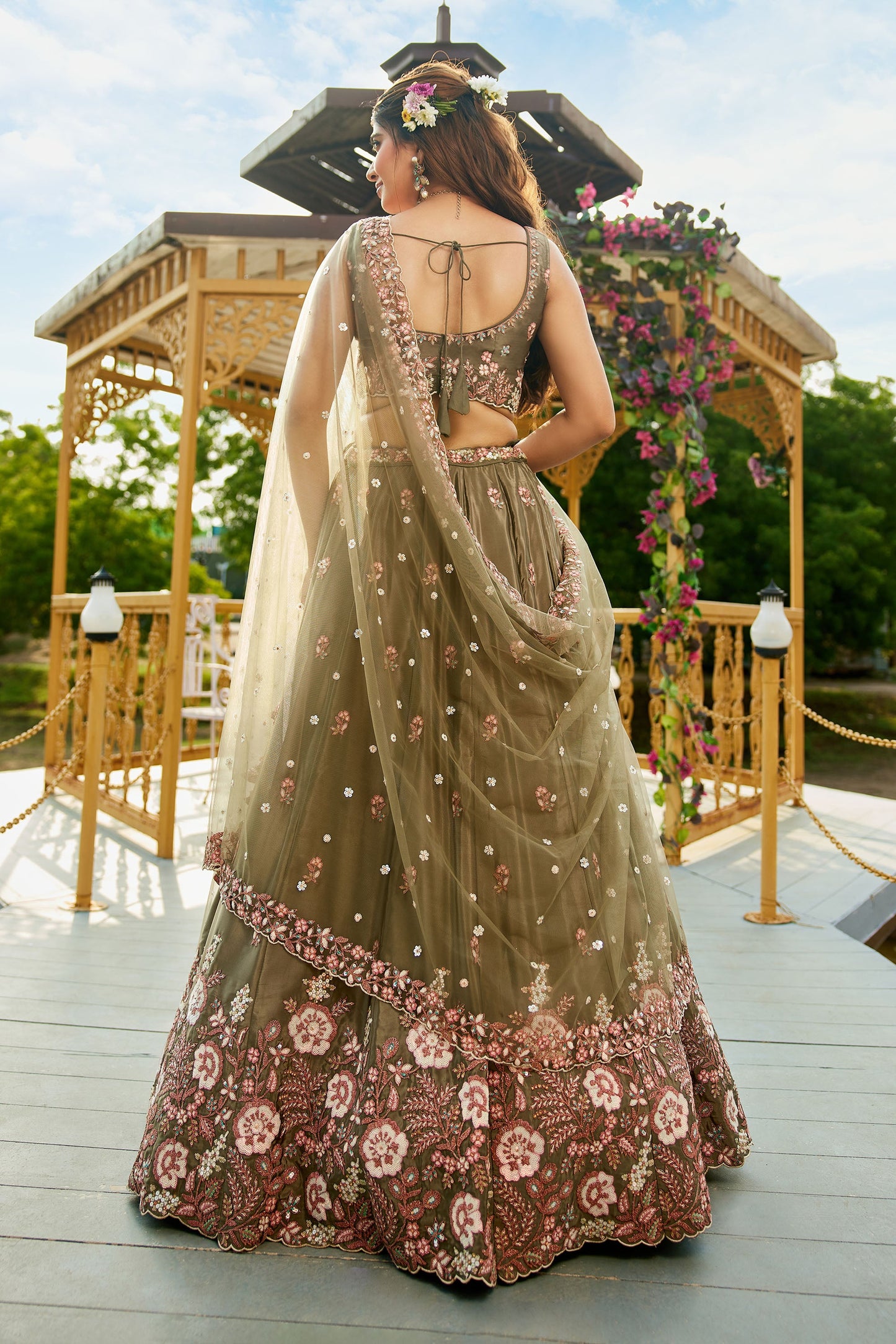 Olive colour Satin Sequins embroidery Lehenga choli & Dupatta