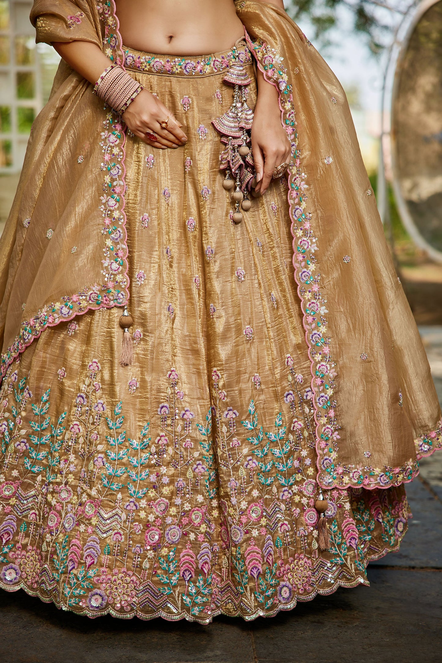 Beige colour Tissue Sequins embroidery Lehenga choli & Dupatta
