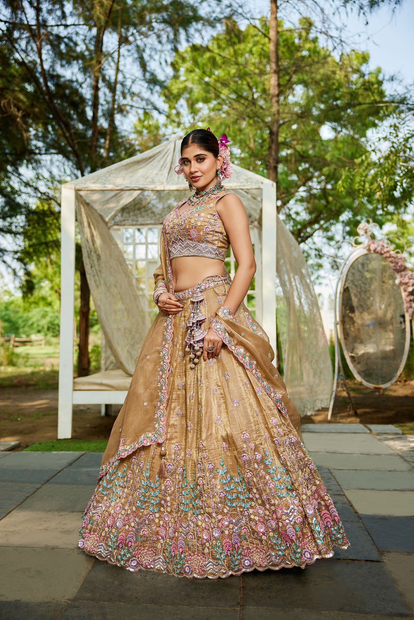 Beige colour Tissue Sequins embroidery Lehenga choli & Dupatta