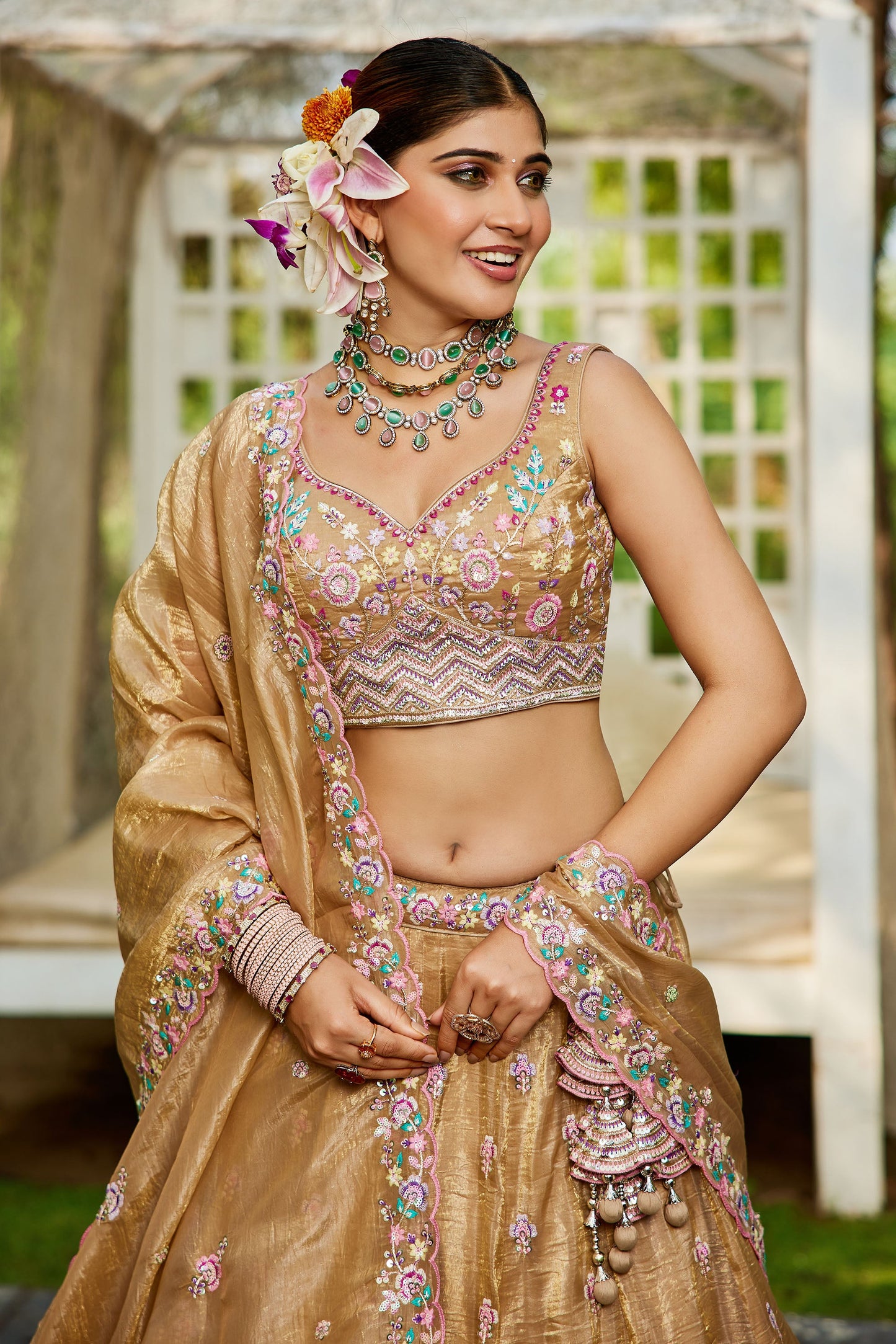 Beige colour Tissue Sequins embroidery Lehenga choli & Dupatta