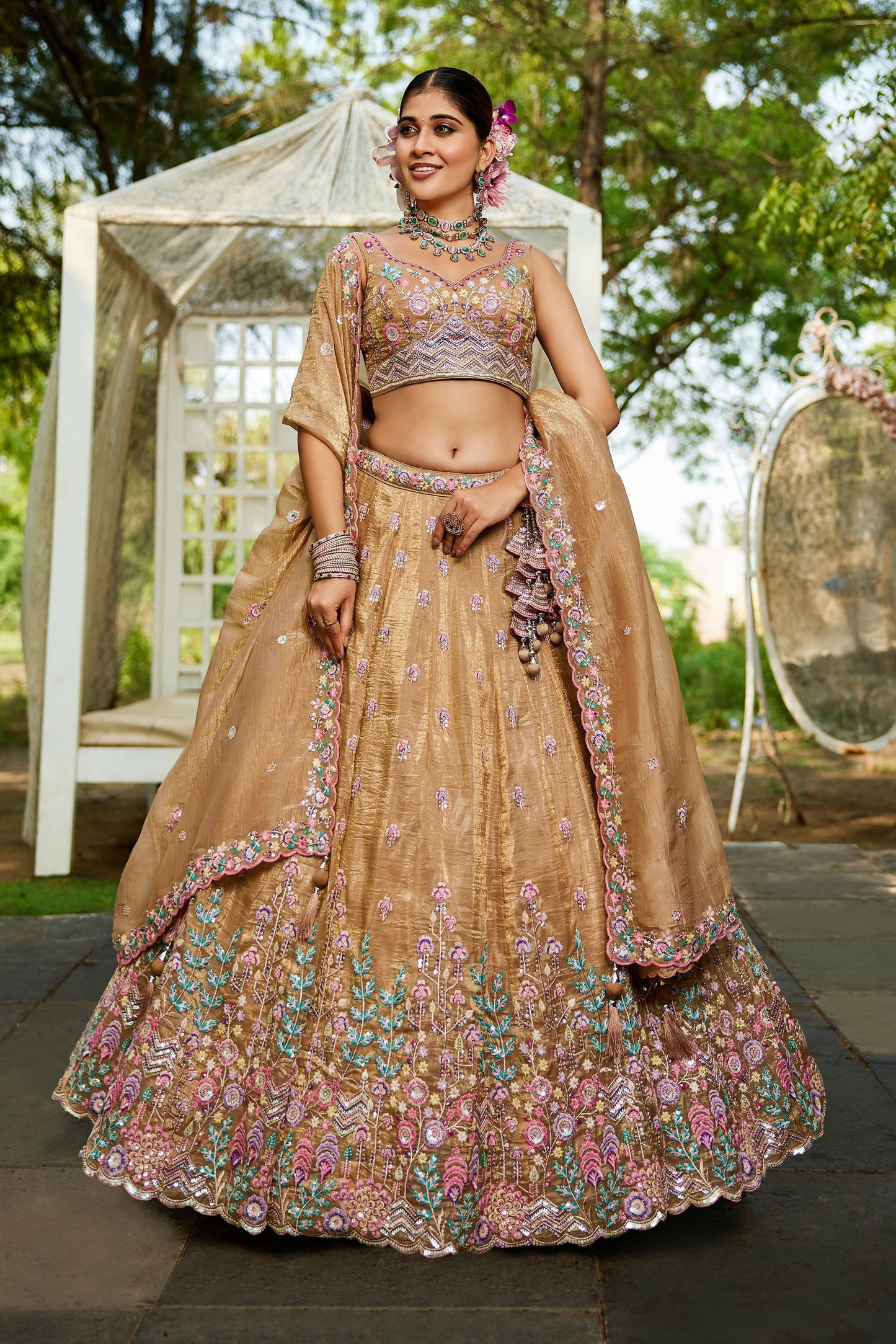 Beige colour Tissue Sequins embroidery Lehenga choli & Dupatta