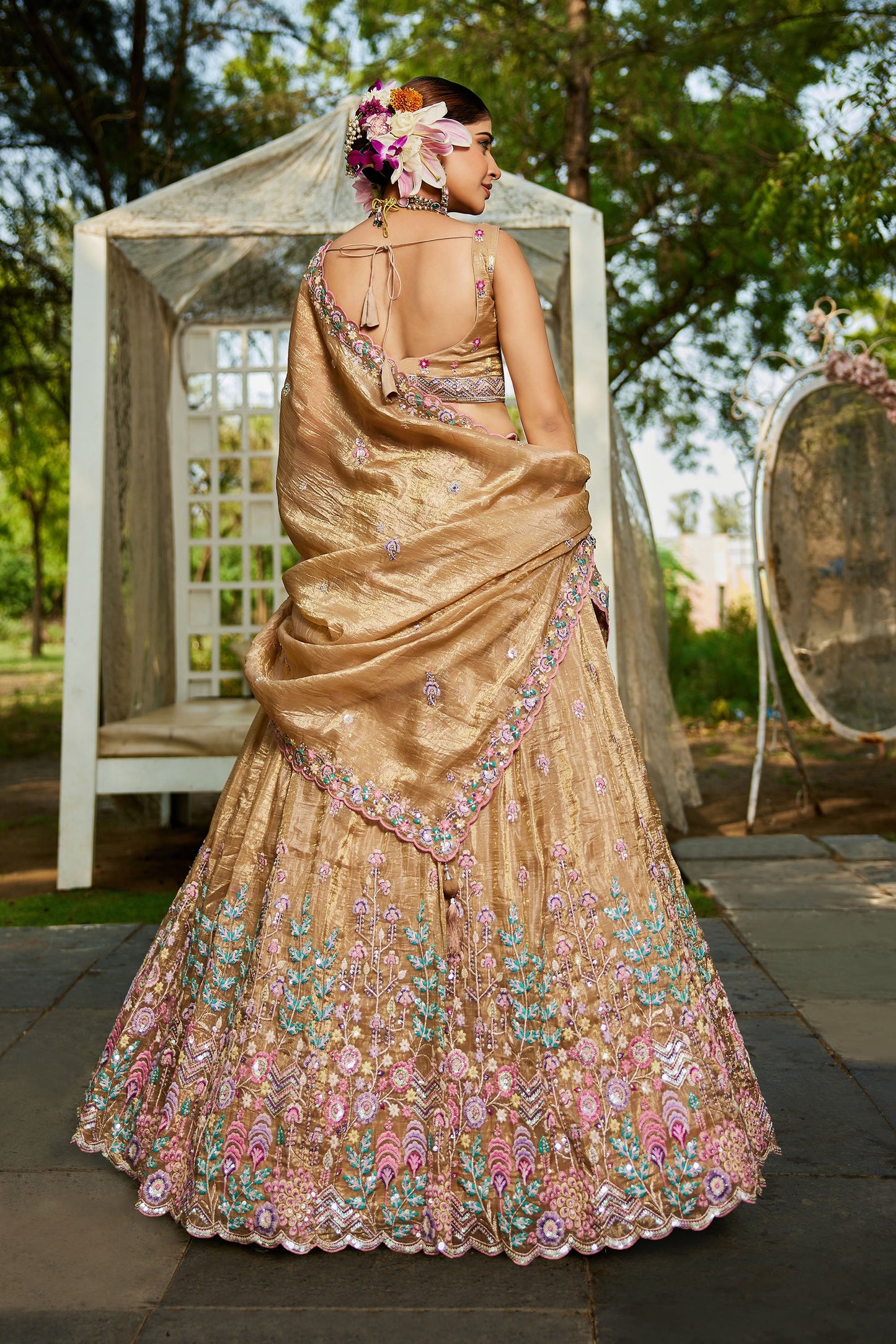 Beige colour Tissue Sequins embroidery Lehenga choli & Dupatta