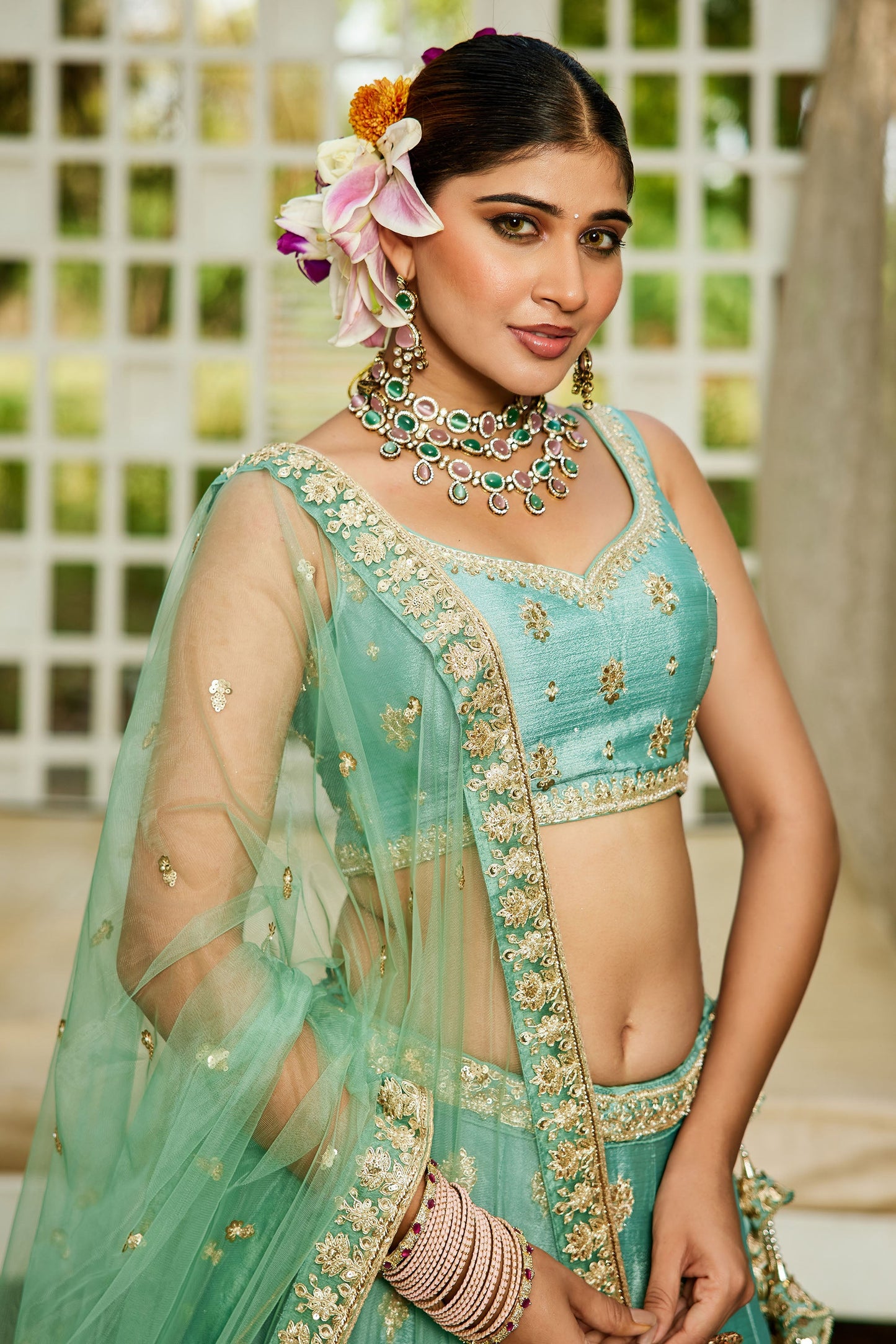 Sea Green colour Chinnon Sequins embroidery Lehenga choli & Dupatta