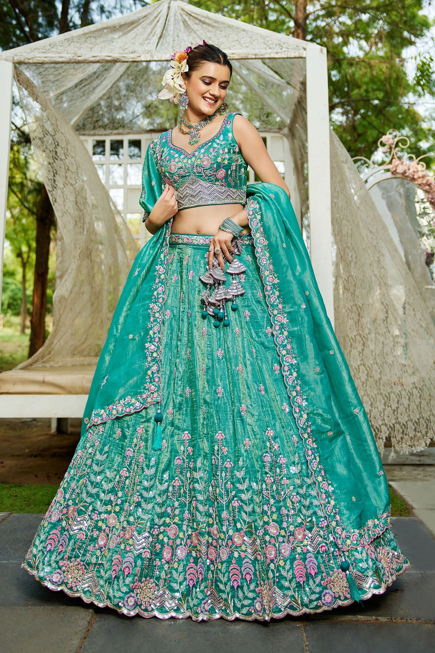 Sea green colour Tissue Sequins embroidery Lehenga choli & Dupatta
