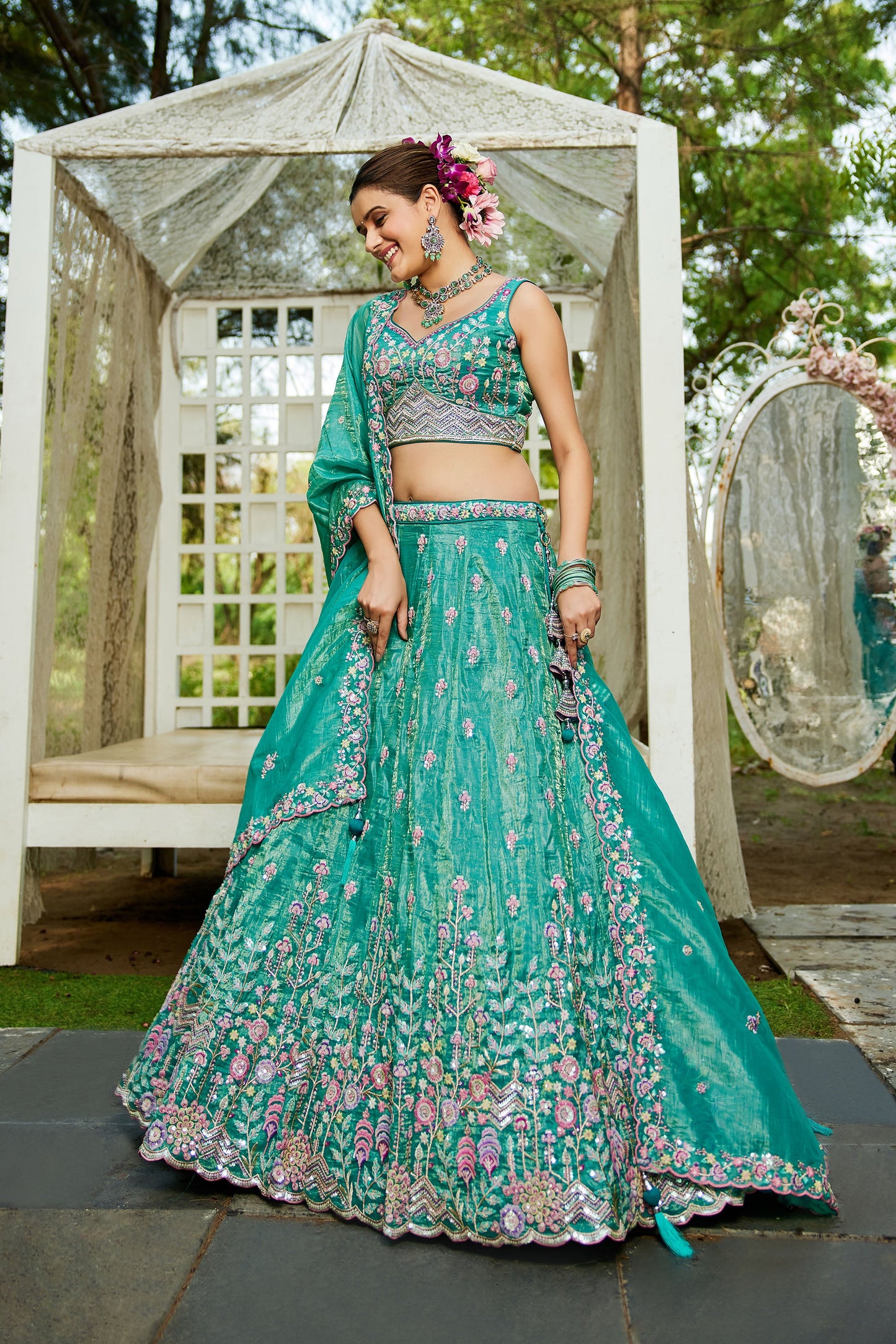 Sea green colour Tissue Sequins embroidery Lehenga choli & Dupatta
