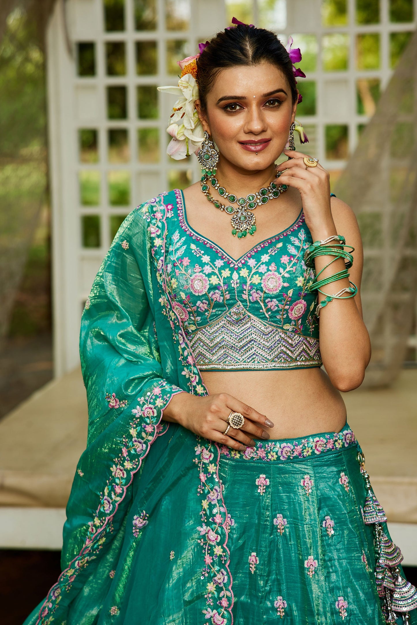Sea green colour Tissue Sequins embroidery Lehenga choli & Dupatta
