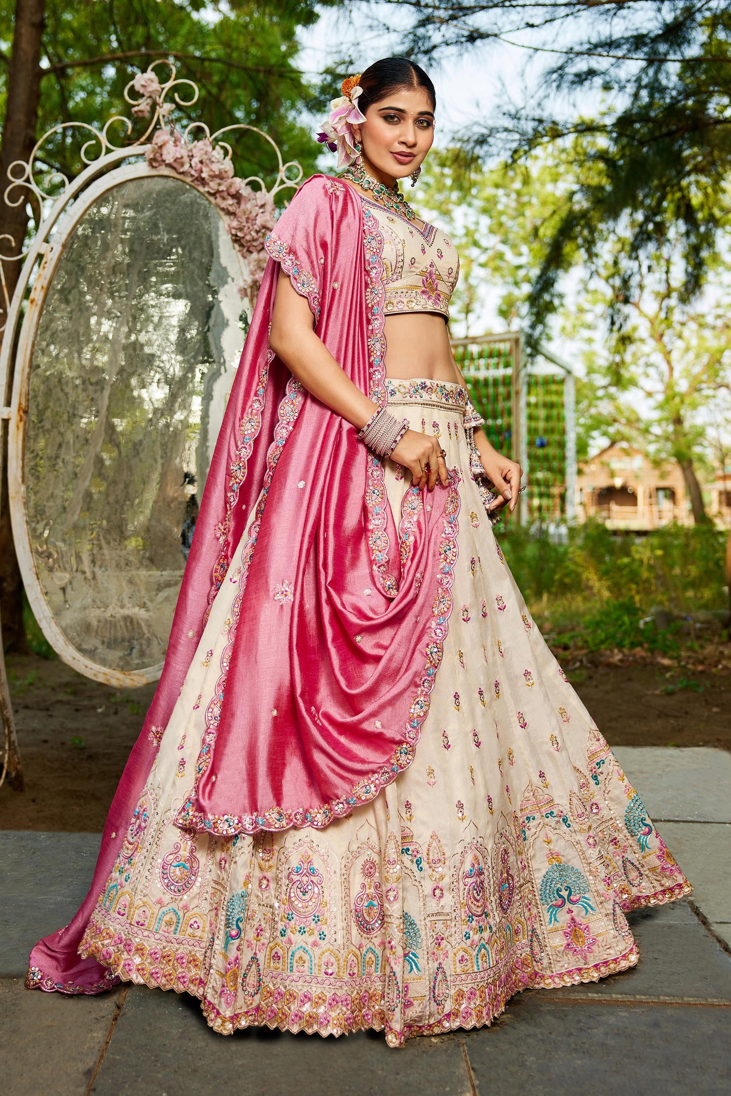 Cream colour Tissue Sequinse embroidery Lehenga choli & Dupatta