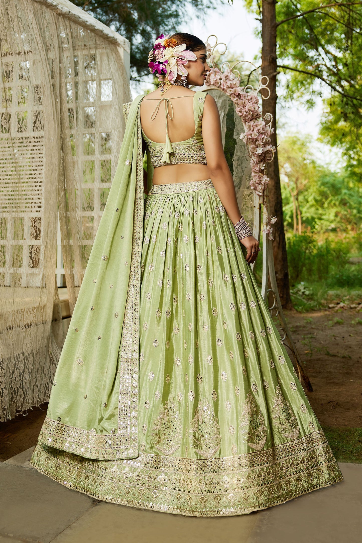 Lime green colour Chiffon Sequins embroidery Lehenga choli & Dupatta